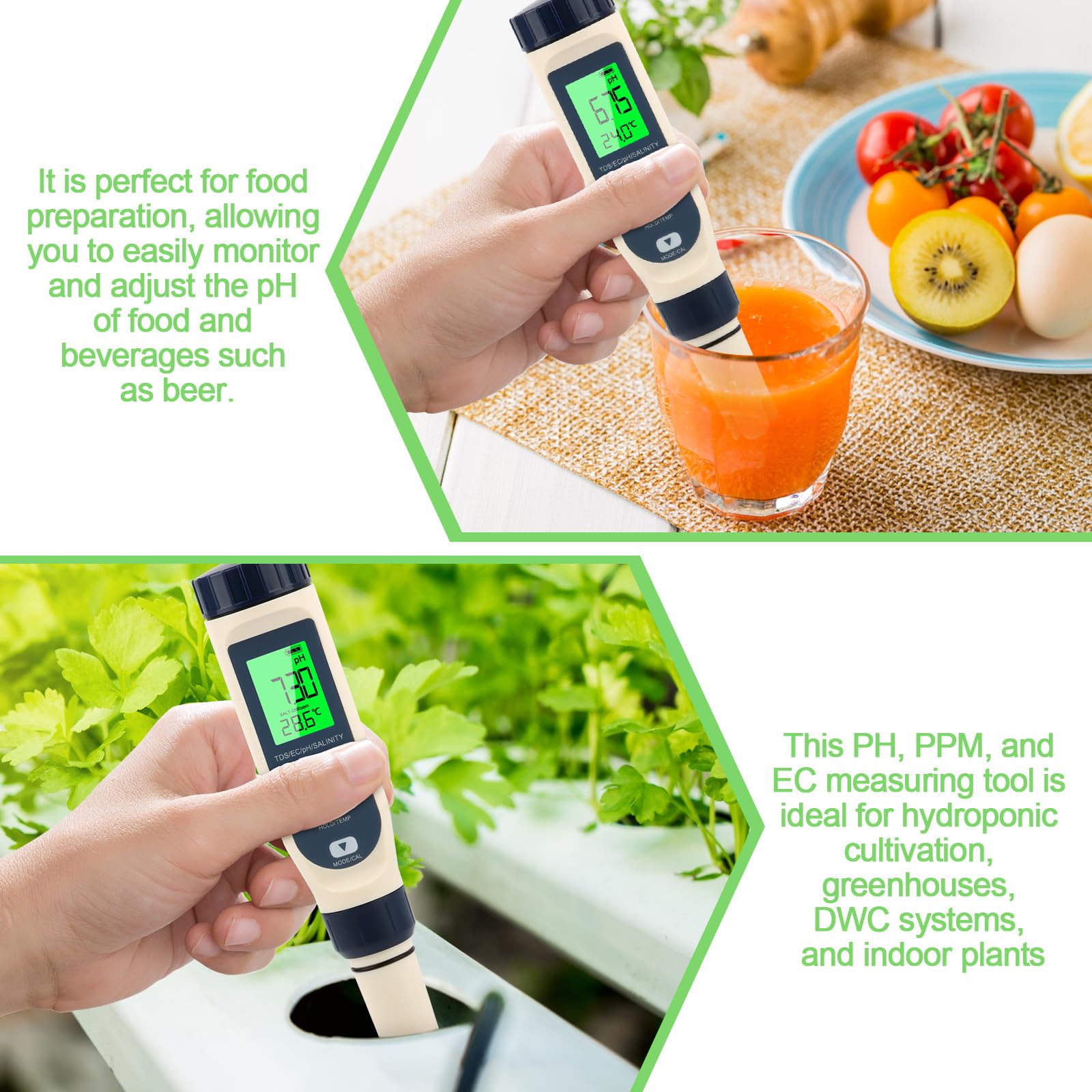 Misuratore PH 5 in 1 ad alta precisione – PH/EC/TDS/salinità/termometro con compensazione automatica della temperatura, display LCD – ideale per acqua potabile, piscina, acquario, idroponica