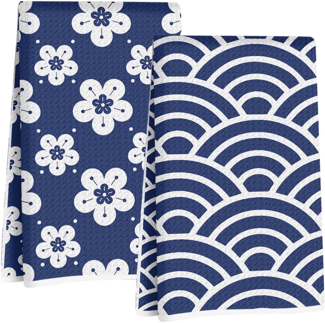 2Pcs Japanese Style Kitchen Towels 24x14 Inch, Wave Flower Seamless Pattern Waffle Hand Towels for Kitchen Home Decor, Durable Absorbent Microfiber Dish Cloth Tea Towel, Housewarming Gifts for Women