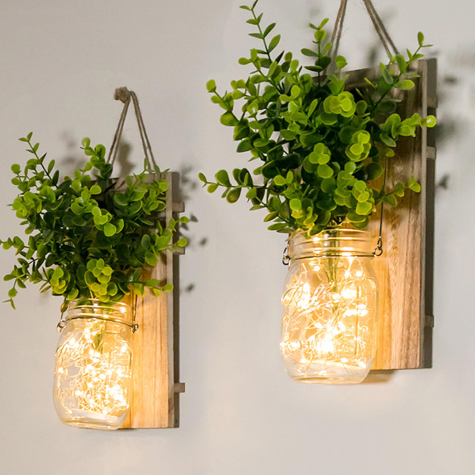 2PCS Hanging Glass Mason Jars LED Fairy Lights Wall Hanging Plastic Plant Home Lighting Battery Operated Decorative Indoor String Lights for Home Bedroom Party Christmas Decorations