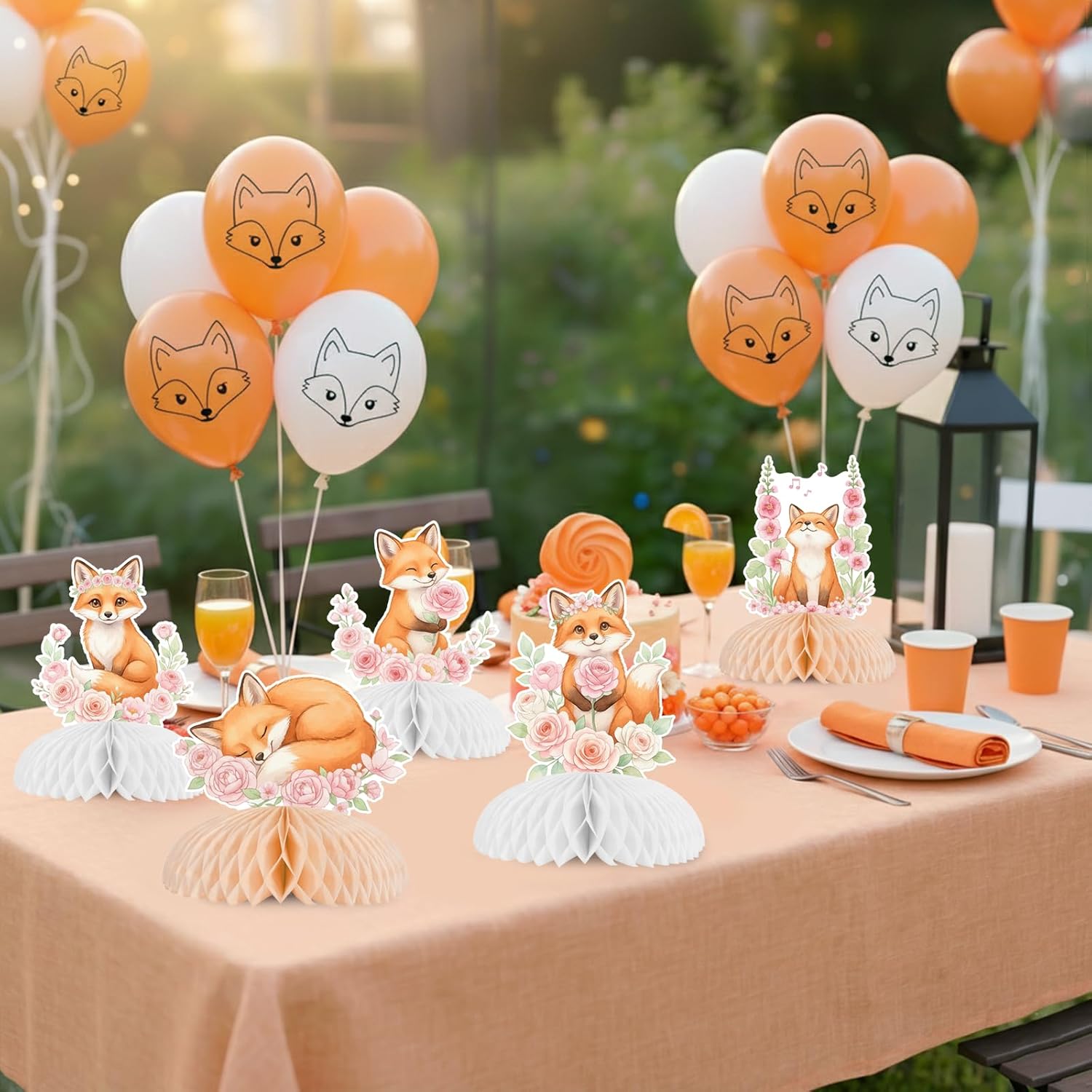 Fox Birthday Party Decorations for Girls, 8pcs Pink Honeycomb Table Centerpieces, Double-Sided Fox Baby Shower Decorations, Floral Woodland Animal Table Decor for Dessert Table or Gift Table Setup