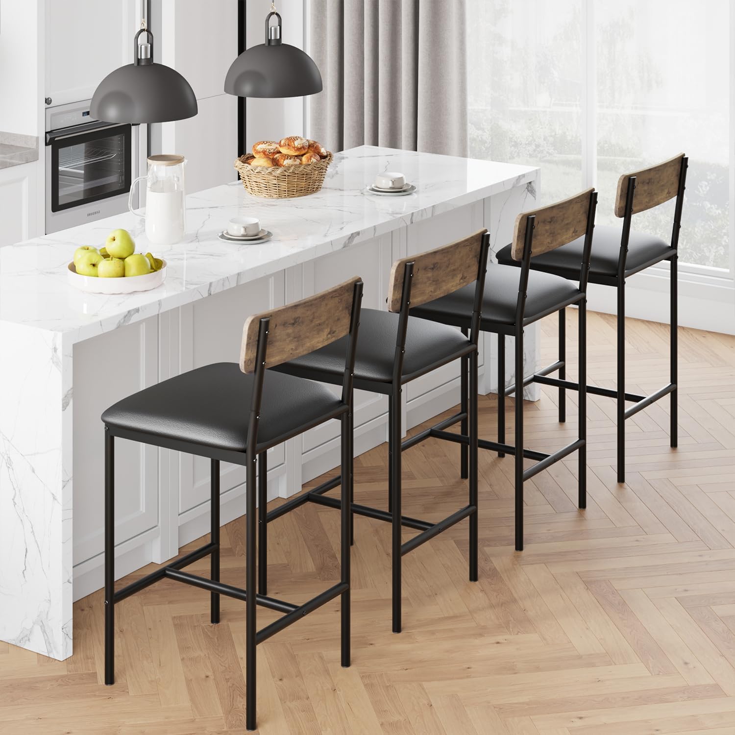 GAOMON Bar Stools Set of 2, Counter Height Bar Stools with Footrest, PU Leather Kitchen Barstools, Bar Chairs with Back for Kitchen Island, Apartment, Counter Bar, Easy Assembly, Rustic Brown