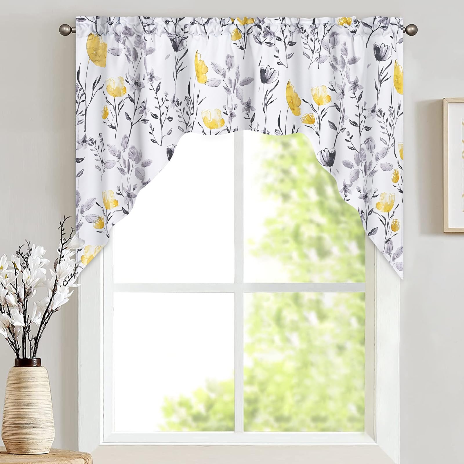 Likiyol Floral Swag Curtains Watercolor Flower Leaves for Kitchen Swag Curtain, Yellow and Gray Swag Valances, Rod Pocket Small Window Curtain for Cafe Bathroom Bedroom Drapes