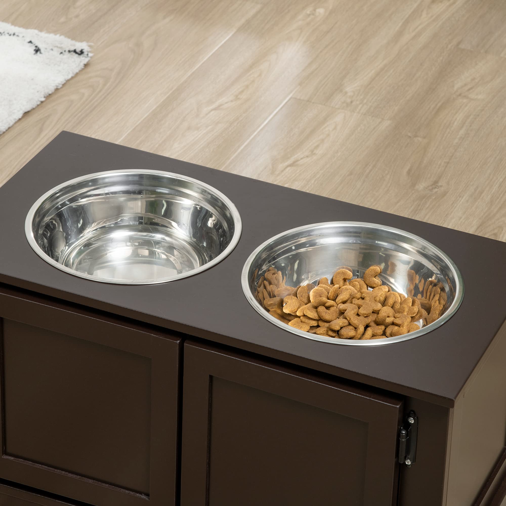 PawHut Comedero para perros, comedero elevado con 2 cuencos de acero inoxidable, cuenco de agua con espacio de almacenamiento de 29,5 l, comedero para perros grandes, café
