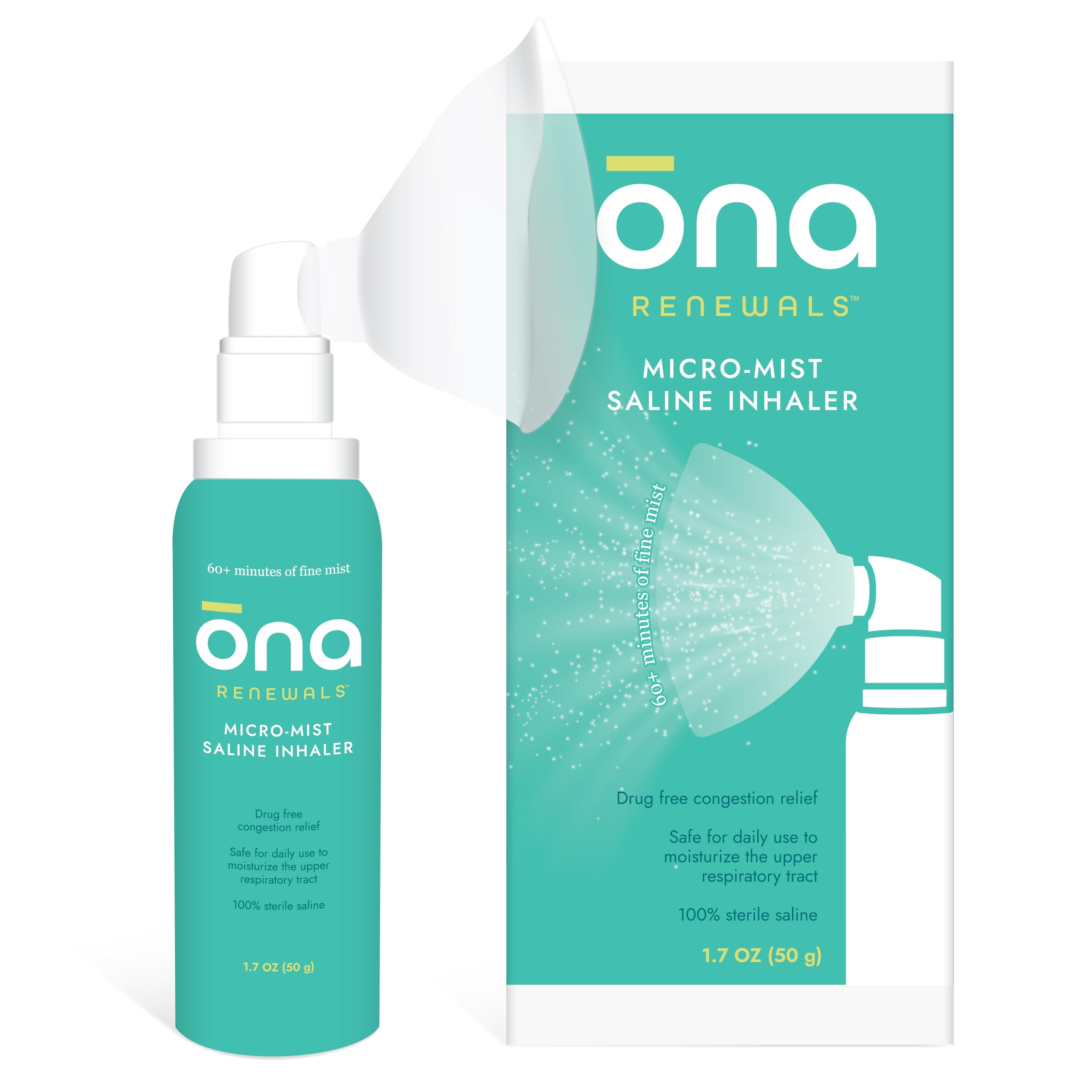ONA Renewals Saline Micro-Mist Nasal Inhaler, Congestion Relief for Adults, Cold and Flu, Allergy, Sinus Relief, Unscented, 1.7oz