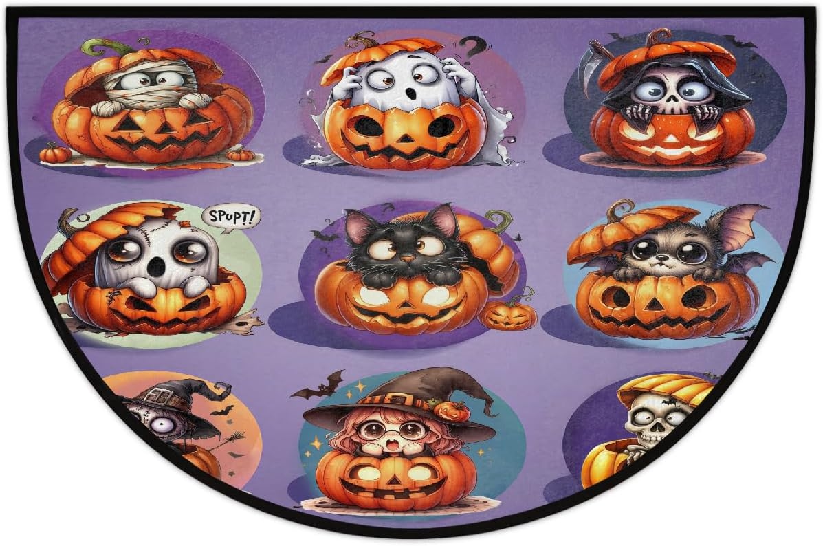 Decoration Halloween Boo Pumpkin Half Round Door Mat Non Slip Washable Semi Circle Area Rug Absorbent Soft Half Moon Rug Floor Mat for Indoor Outdoor Kitchen Bathroom Patio Front Door Mat Decor