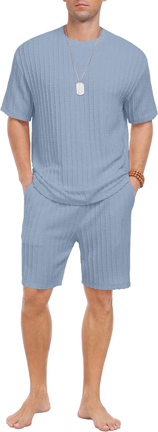 PrinStory Mens Pajamas Set Summer Pjs Sets Lightweight Short Sleeve Pajama Shorts Set Soft Sleepwear Loungewear with Pockets - Image 4