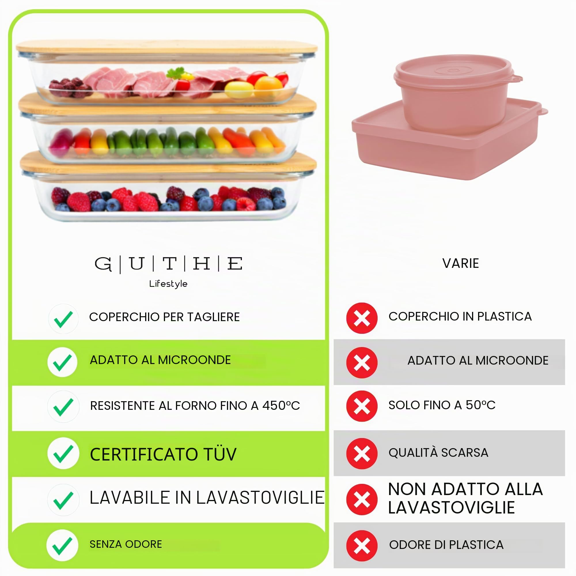 Good Lifestyle - Set di 3 scatole per salumi, per frigorifero, in vetro, con coperchio in legno, impilabili, salsicce e formaggi
