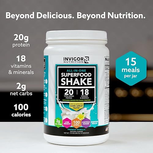 Miniatura 3 de INVIGOR8 Superfood Grass Fed Whey Protein Isolate Shake French Vanilla Gluten-Free and Non GMO Meal Replacement with Probiotics and Omega 3 (483g)