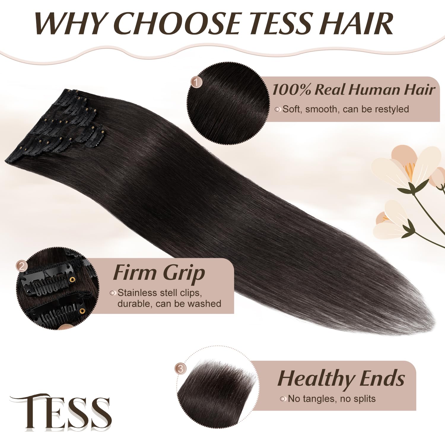 TESS Clip in Hair Extensions Real Human Hair Black Remy Seamless 8 Pieces Straight Short for Women/Girls (#1B Natural Black - Image 3