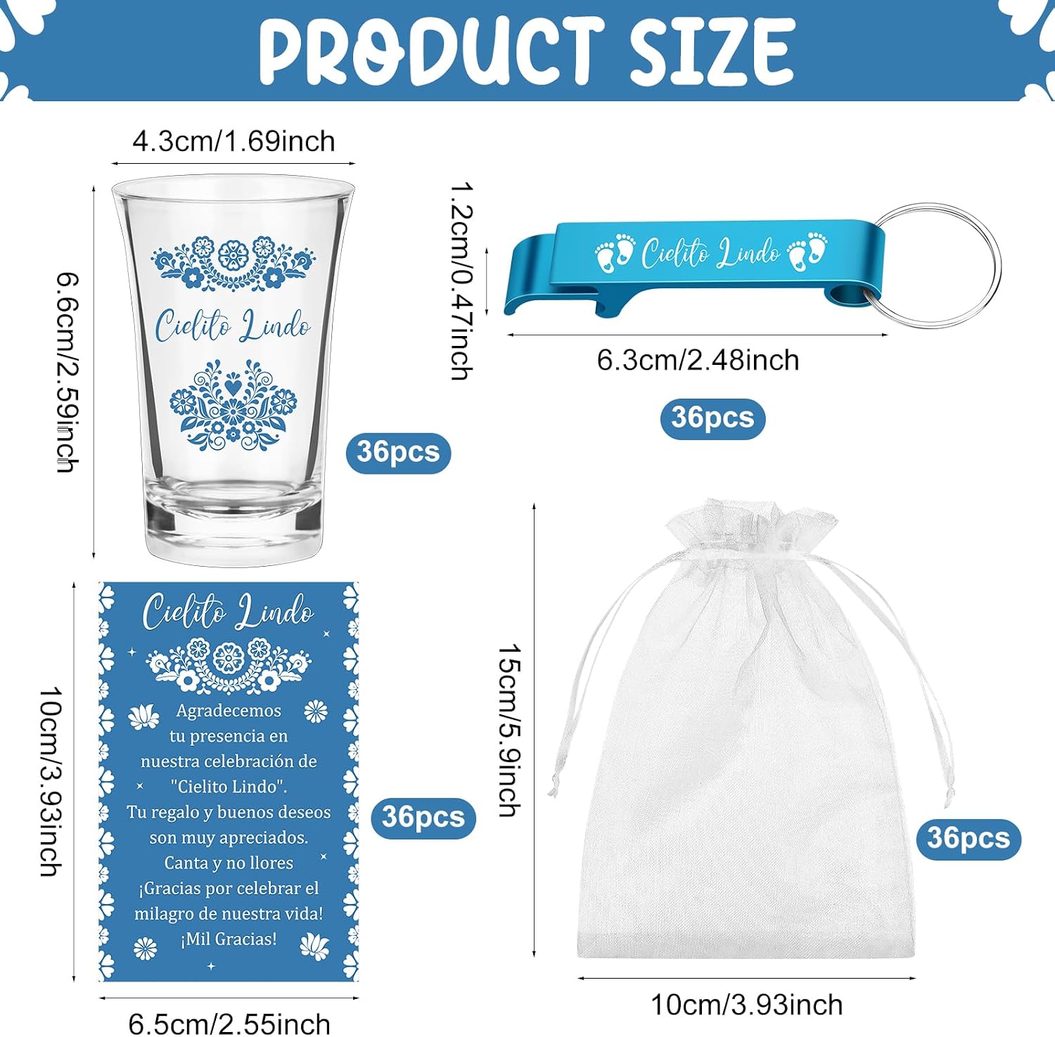 36 Set Cielito Lindo Baby Shower Favors Plastic Shot Glasses Bottle Openers Keychain with Thank You Card Bag for Mexican Theme Baby Shower Gender Reveal Gifts
