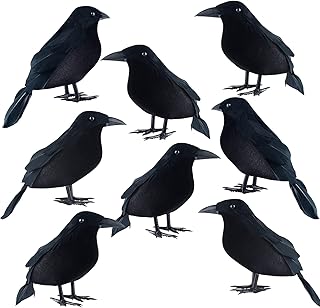 MIAHART 8 Pack Realistic Crows for Halloween Decorations Black Feathered Crow Prop Black Raven Decor for Halloween Party D...