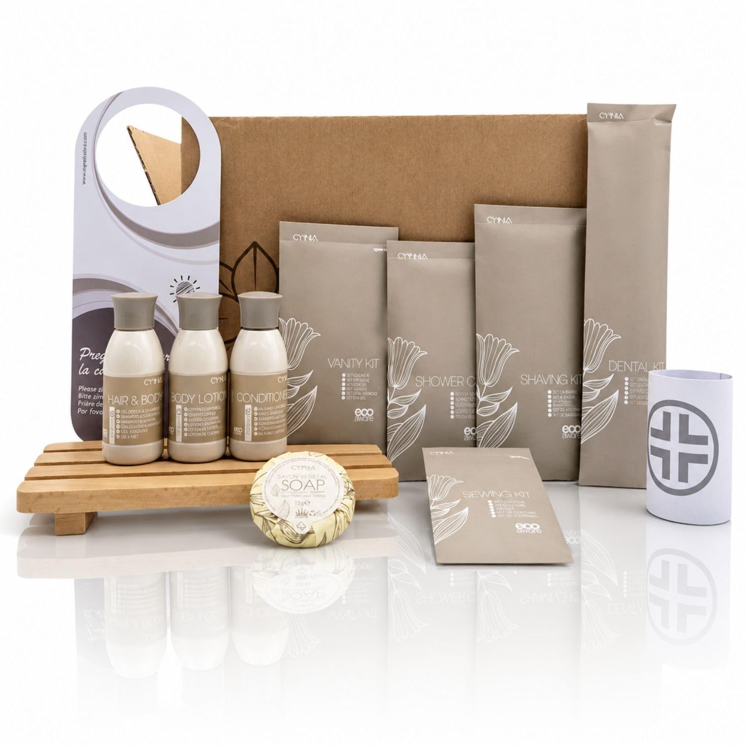 Kit Cortesia 344 Pezzi; 56 doccia shampoo, 56 crema corpo, 56 balsamo, 56 saponette, 30 cuffie monouso, 30 vanity set, 20 dental kit, 20 set barba e 20 set minicucito - omaggio 110 pezzi