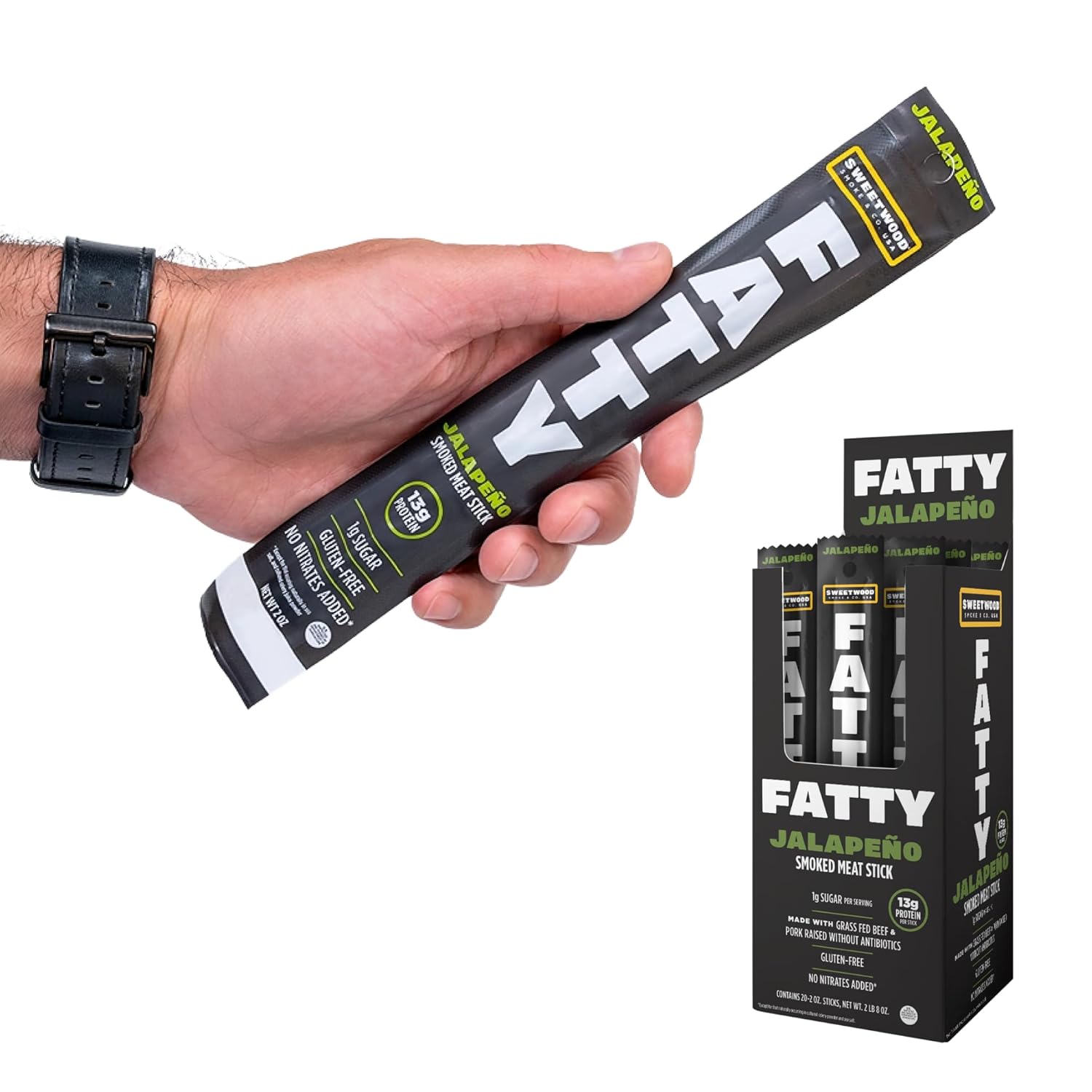 fatty grass-fed beef smoked meat sticks, jalapeno flavor, 13g protein per stick, camping snack, 2 oz. (pack of 20) expiration date unknown 