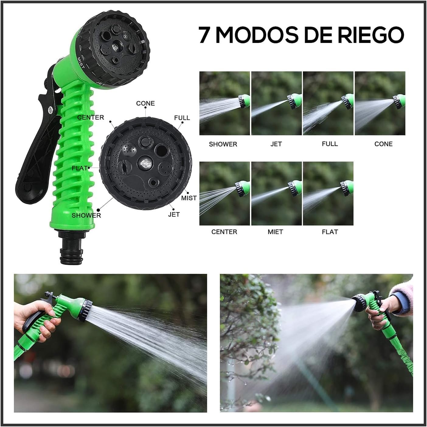 TECHZOCO Manguera en espiral de jardín, Manguera de agua extensible, Manguera de riego espiral, Fabricada en Polipropileno, 7 modalidades de riego, Inclye pistola, Verde, Extensible hasta 7.50 Metros