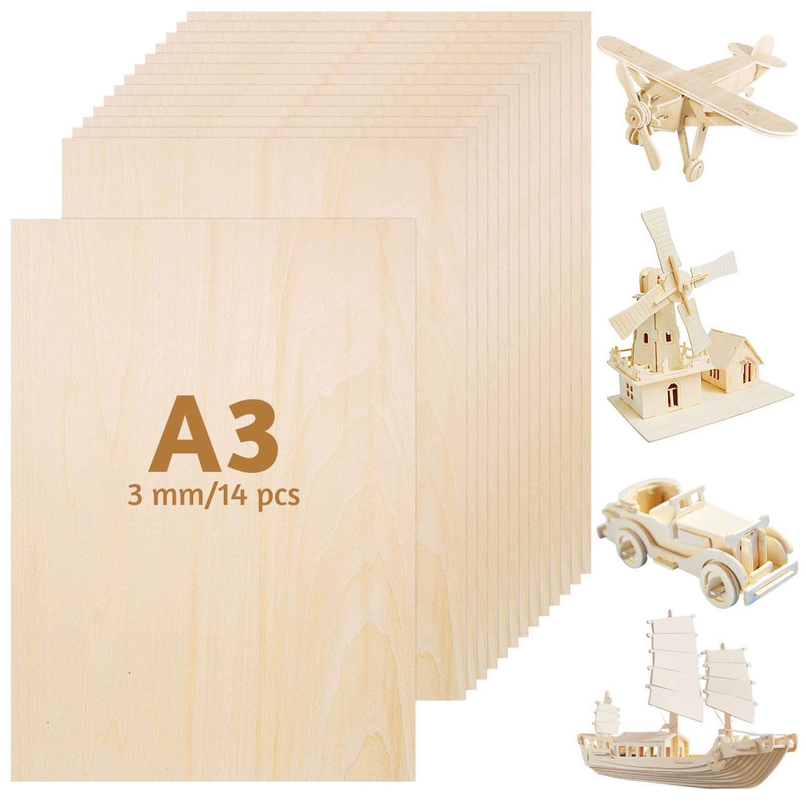Płyta ze sklejki A3 3 mm, 42 x 30 cm, do majsterkowania, do majsterkowania, cienka, do malowania, pirografii, cięcia laserowego, prac ręcznych, 14 sztuk