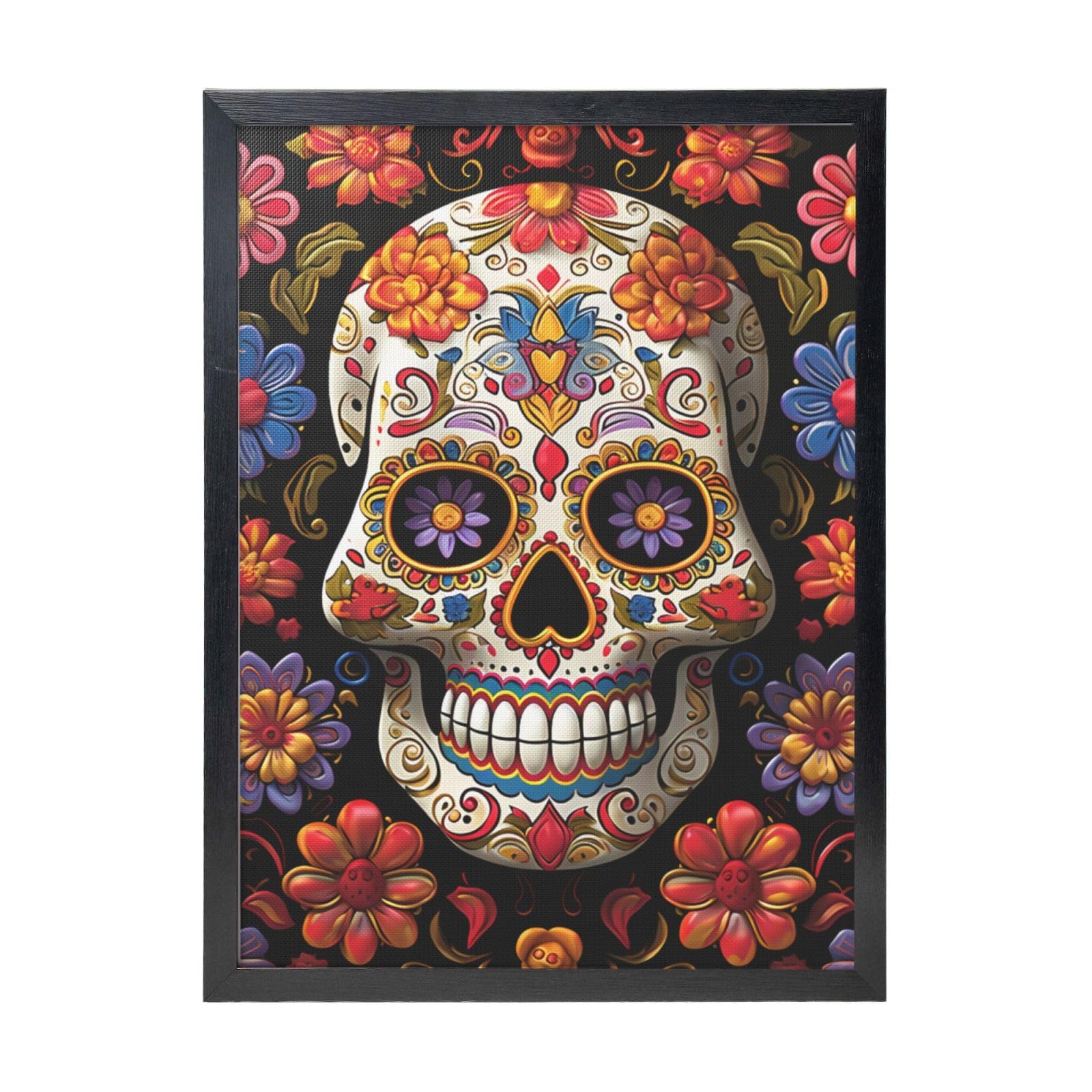 Framed Wall Art - Decorative Canvas Painting Sugar Skulls Pictures Poster Aesthetic Modern Prints Artwork for Bedroom Office Wall Decor Ready To Hang 12x16 in