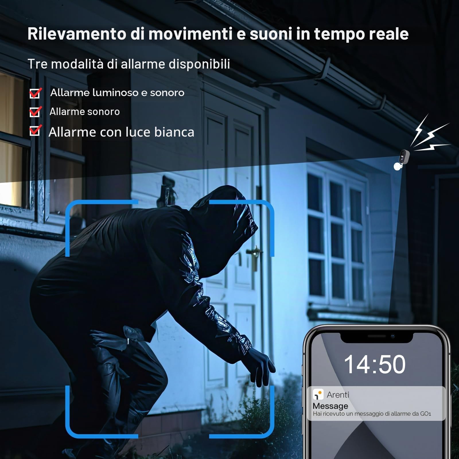 ARENTI 2K/3MP Telecamera Wi-Fi Esterno Senza Fili, Videocamera Sorveglianza Batteria, Visione Notturna, Rilevamento di Suono/Movimento, IP65, Rilevamento Umano PIR, Audio Bidirezionale