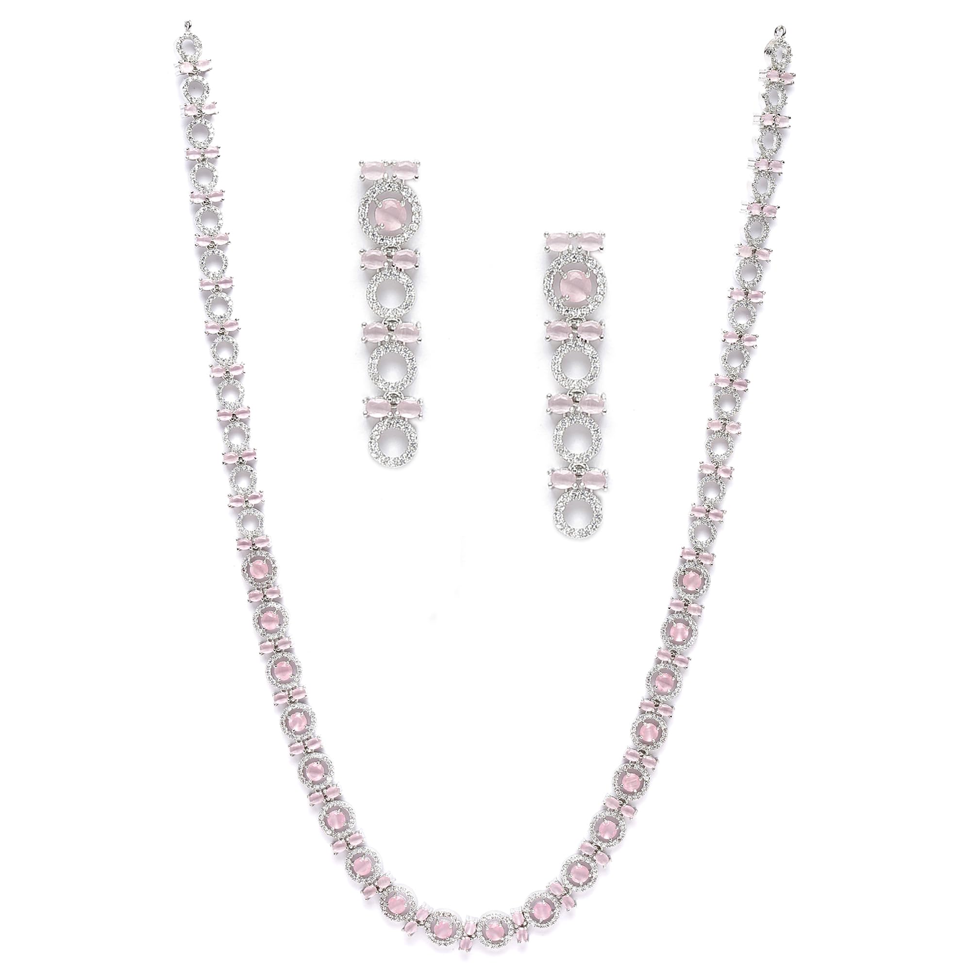 zeneme Rhodium-Plated Silver Toned Oval American Diamond Long Necklace Earrings Jewellery Set for Girls and Women-picture-50