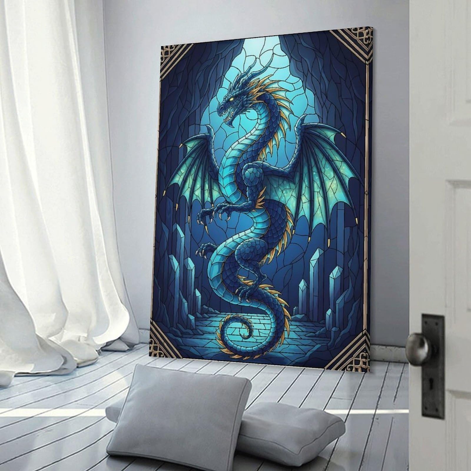 Junmoney Blue Dragon Stained Glass Illustration Canvas Wall Picture, 20x30inch(50x75cm), for Flats, Guest Rooms Or Compact Rooms, An Easy Choice for New Home Styling
