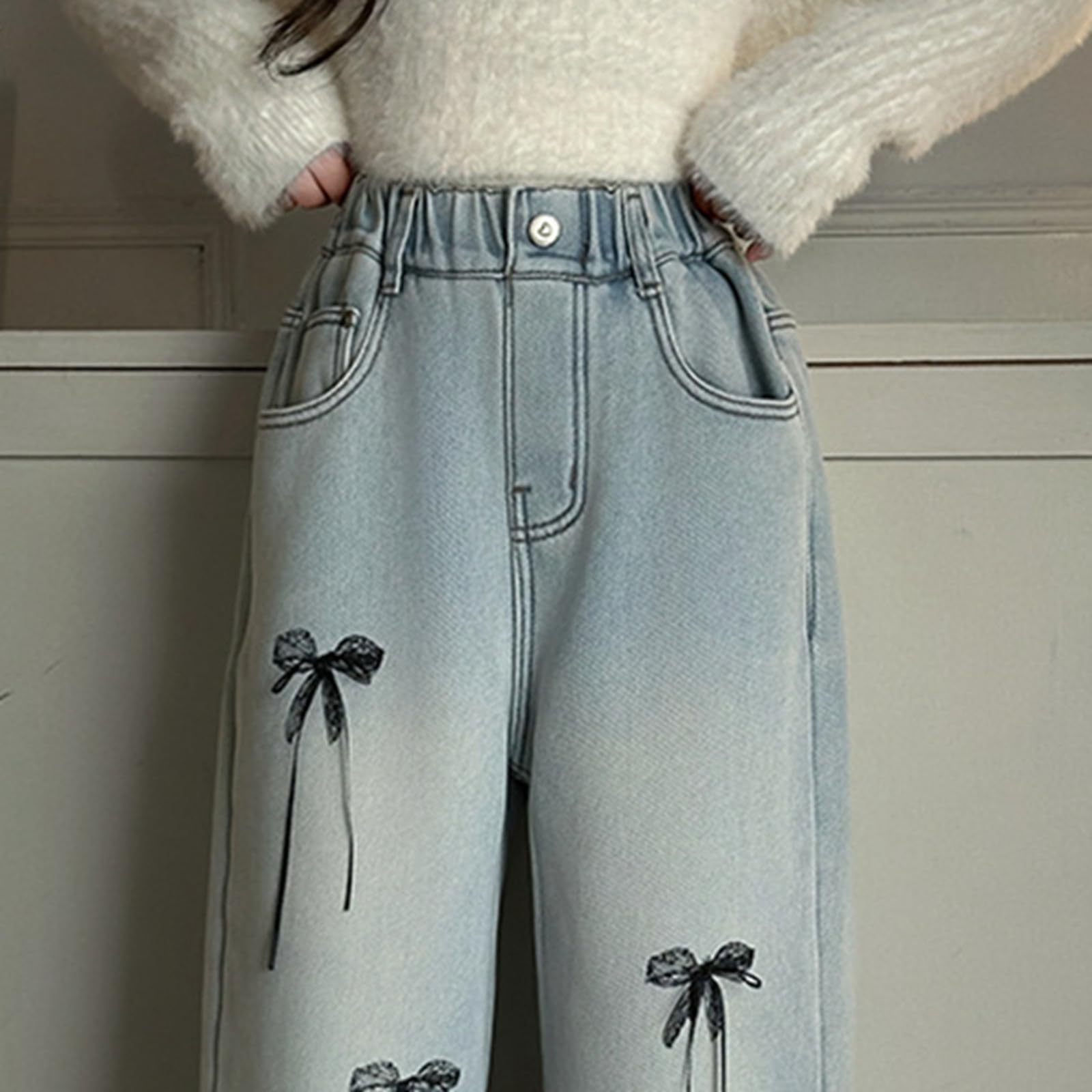 Vaqueros Niña 4-14 Años Anchos Rectos Polar Pantalon Vaquero Adolescentes Chica Elasticos Talle Alto Lazo Cómodos Streetwear Jeans Pantalones Vaqueros de Trabajo Denim Baggy Grueso Invierno