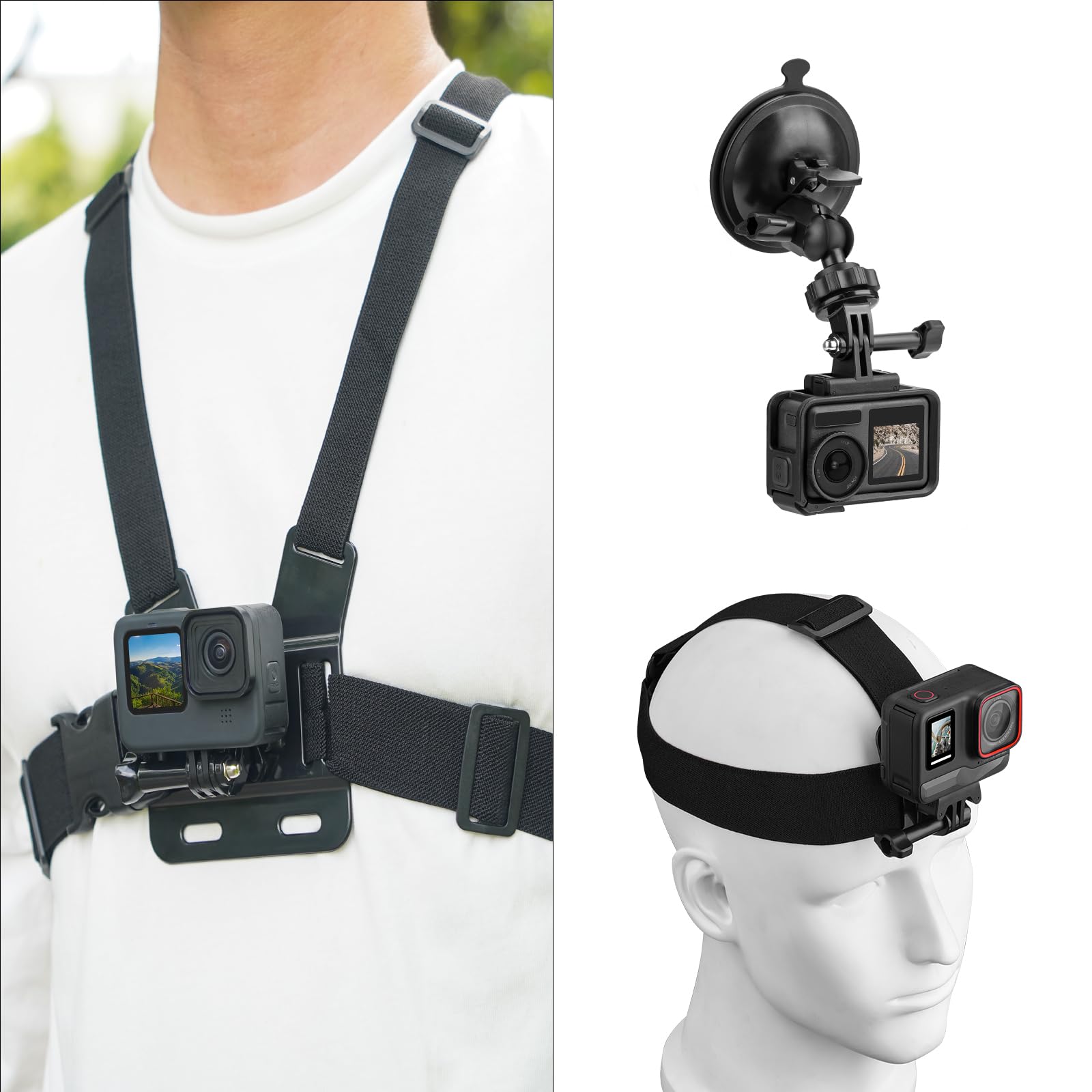 Chest Harness Mount Kit for GoPro, Head Strap Body Mount & Suction Cup Holder for iPhone, for Insta360 X5/X4, for DJI Osmo Action 5/Pocket 3, for AKASO Camera Recording Vlog Accessories