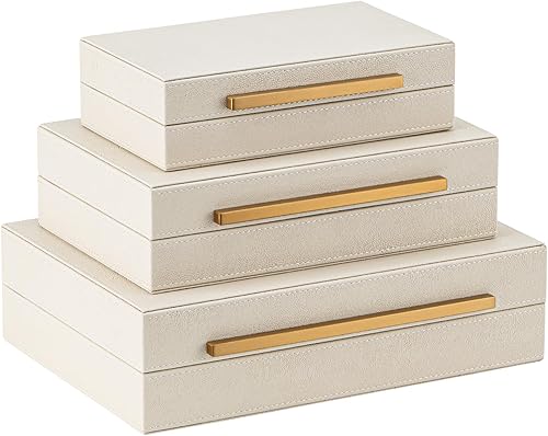 Joyero apilable de piel sintética grande y moderna con organizador de tapas, juego de 3 cajas de almacenamiento decorativas Shagreen beige con asas