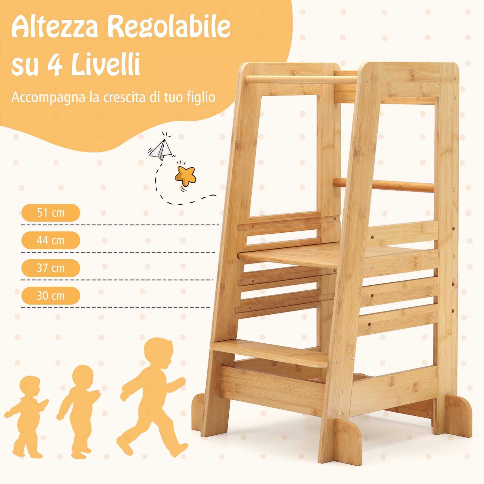 COSTWAY Torre Montessoriana in Bambù, Torre di Apprendimento con 4 Altezze Regolabili, Barra di Sicurezza e Piedini Antiribaltamento, Sgabello da Cucina per Bambini 18+ Mesi