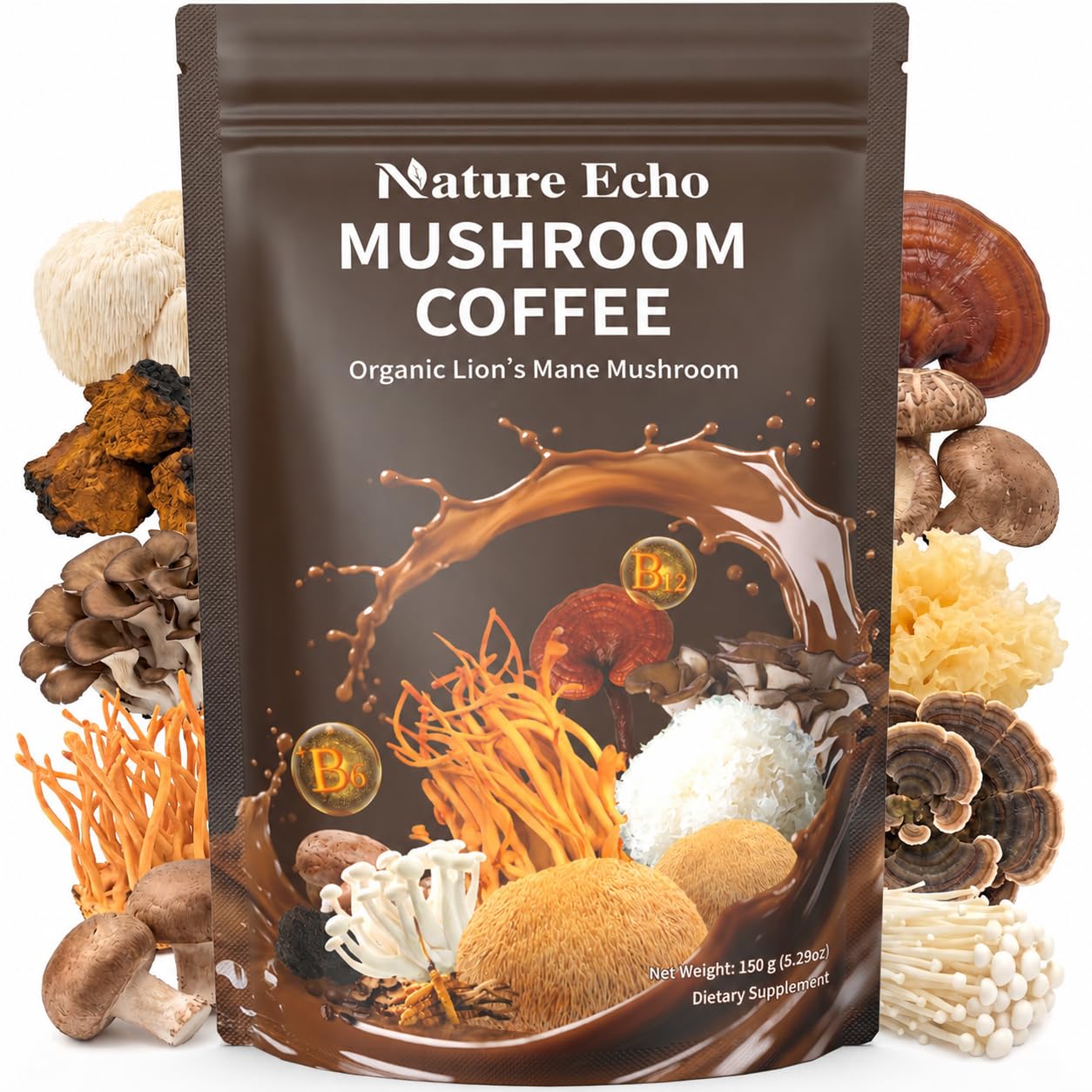 Nature Echo Café em pó com cogumelos, Lion’s Mane orgânico 500 mg, 148,12 g