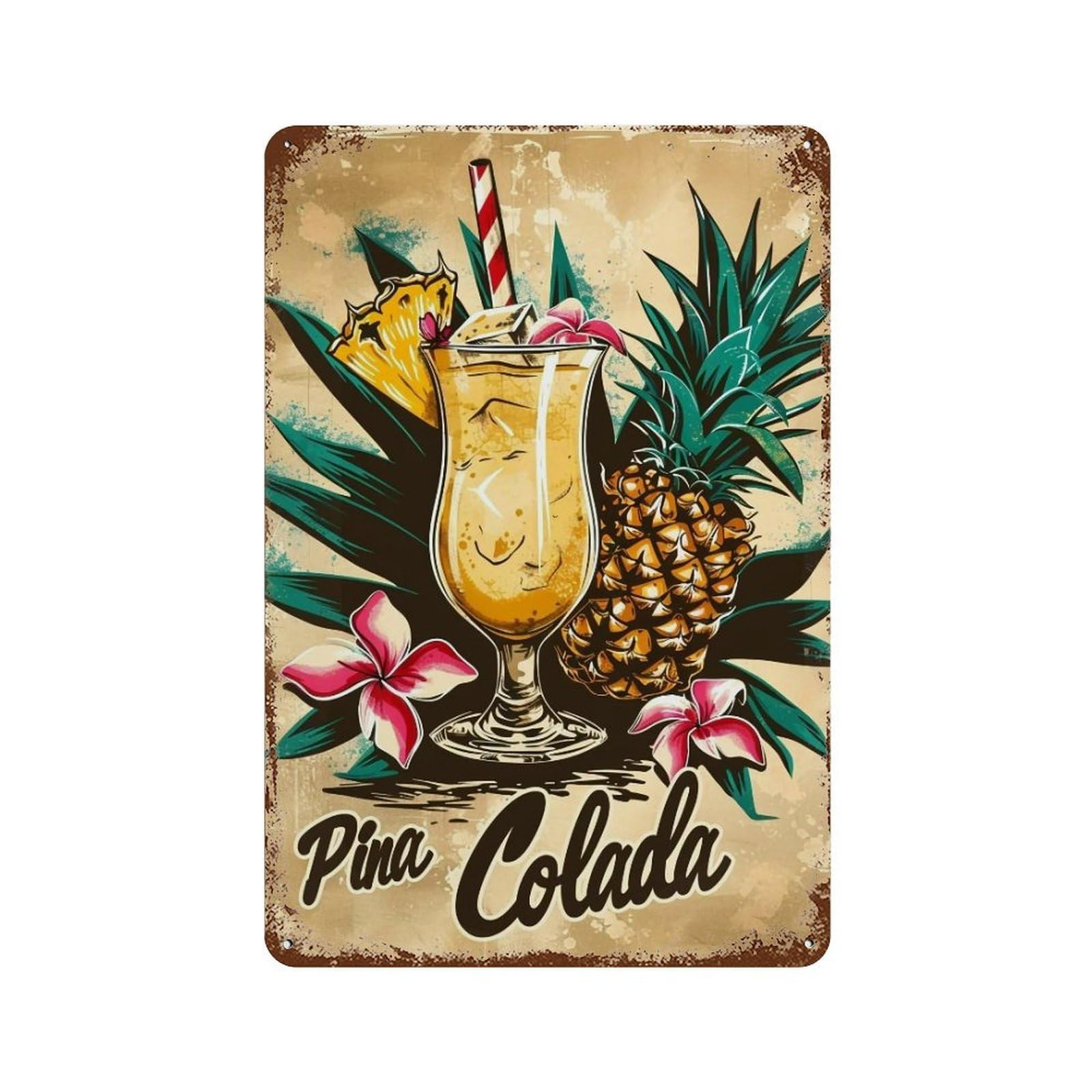 YHGERTKU Linocut Tiki Bar Pina Colada Drink Fruit 01 Wall Art Retro Iron Vintage Metal Tin Sign Poster Modern Decor for Living Rooms Gift 30x20cm