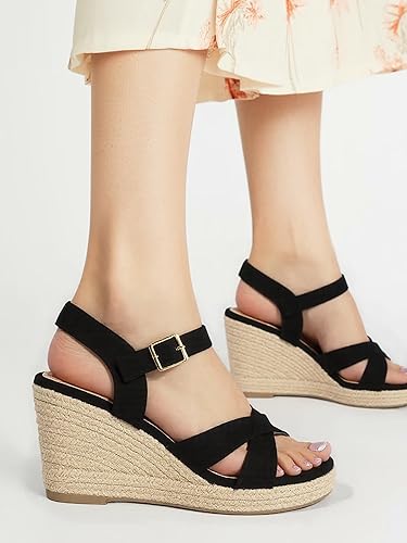 Miniatura 7 de DREAMCIA Alpargatas Sandalias de plataforma de cuña para mujer con correa de tobillo y hebilla de punta abierta, zapatos elegantes de verano