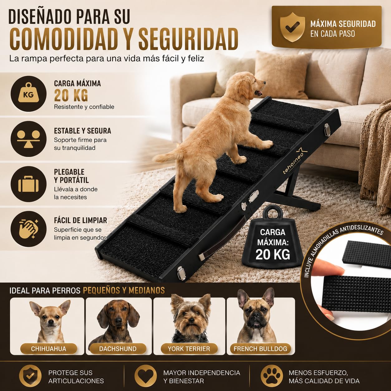 TEHORNEO Rampa para Perros, Rampa para Perros Cama 4 Alturas Ajustables 25 cm a 41 cm, Rampas para Perros hasta 20 KG con Almohadilla Antideslizante, Dog Ramp, Ramoa para Perros, Dog Ramp for Bed