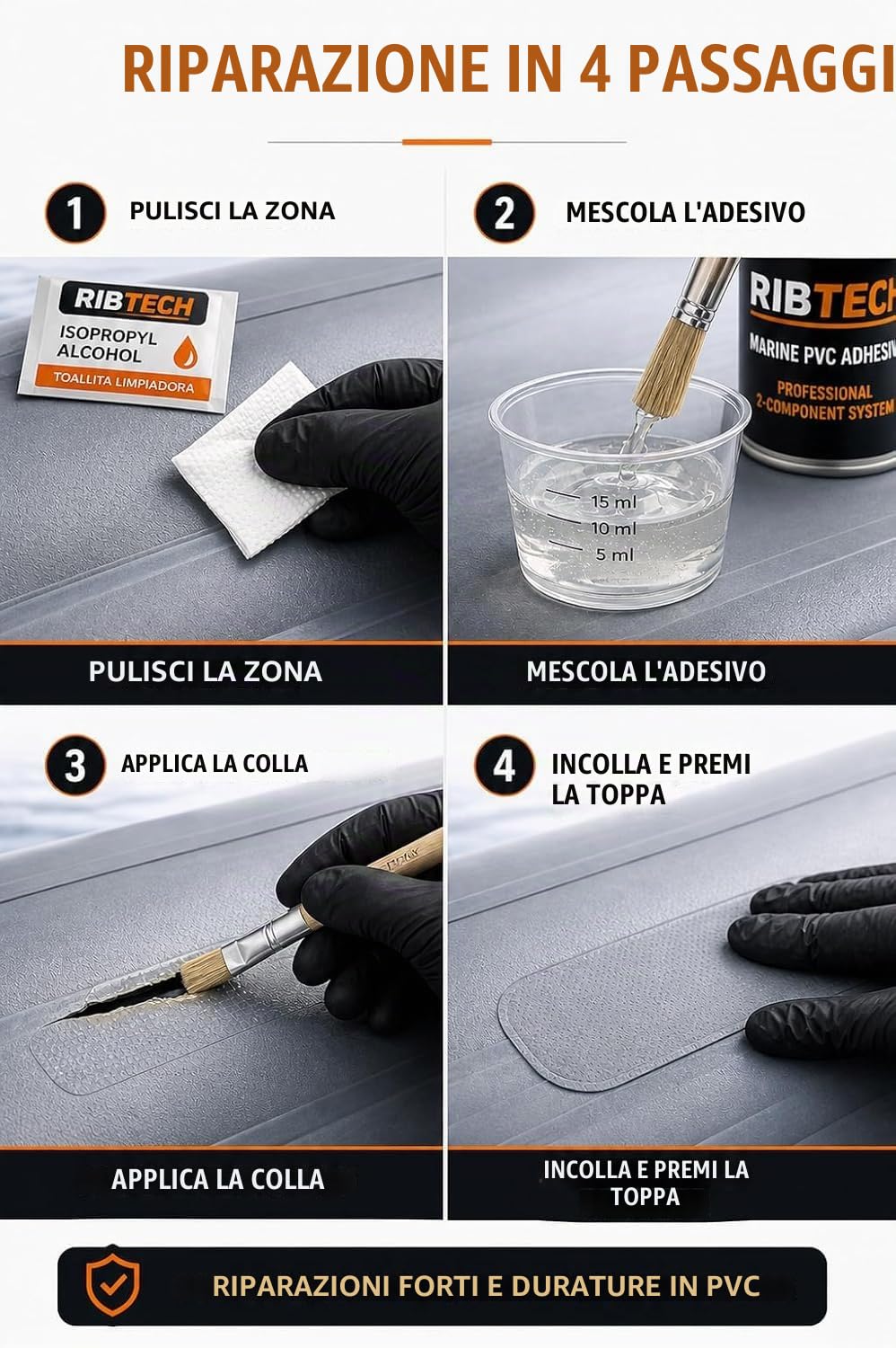 Kit di riparazione professionale in PVC, colla PVC 2 componenti per Zodiac, Paddle Surf, Kayak e gonfiabili, include toppe, pennello, bicchiere, guanti e salvietta (125 ml)