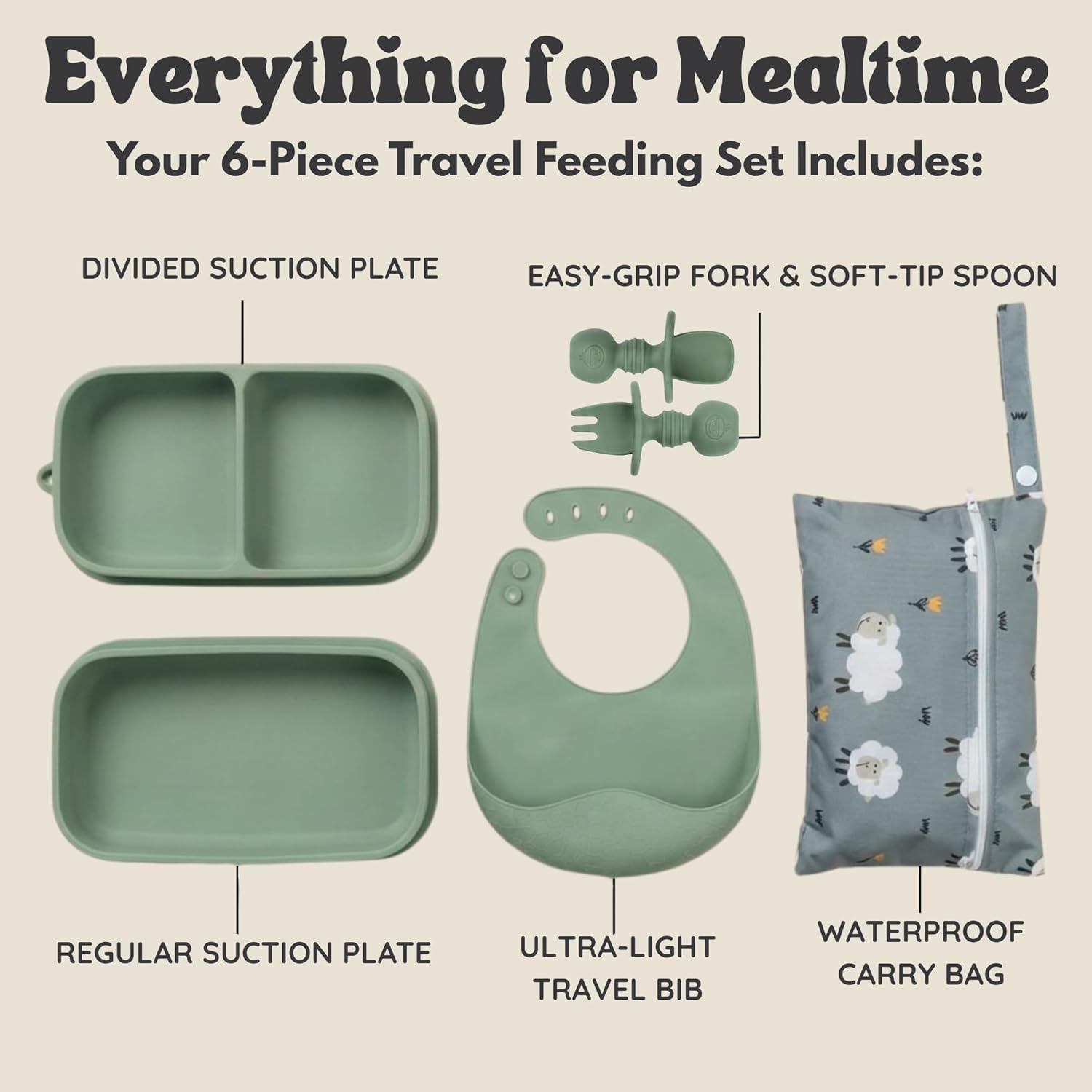 Baby Travel Essentials 6 Pc Silicone Feeding Set - Portable Toddler Plates with Suction, Baby Spoons & Foldable Bib in Carrying Case - BPA-Free Infant & Toddler Utensils for Airplanes & Eating Out
