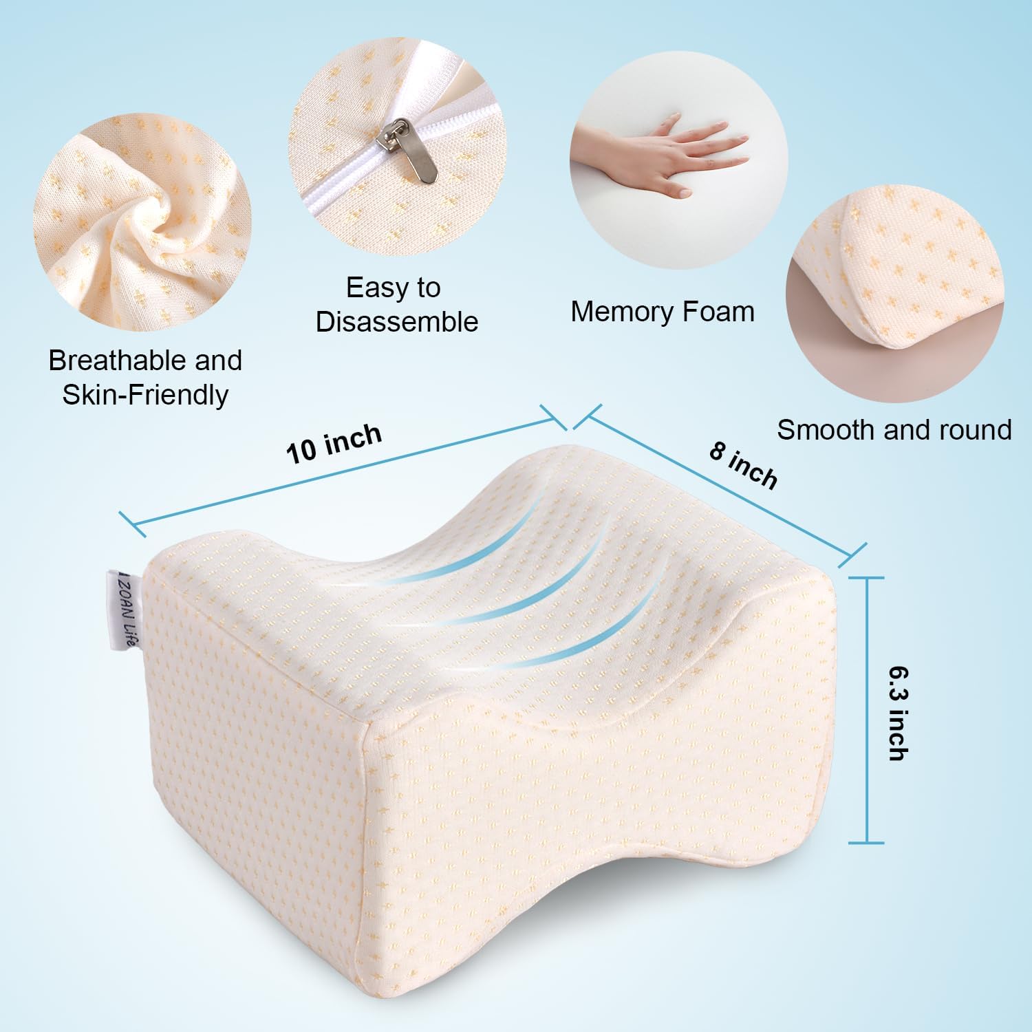 Knee Pillow Cover 10" x 8" x 6.3", Replacement Leg Pillow Case, Leg Pillow Cover Apply to Memory Foam Knee Pillow Case from ZOAN