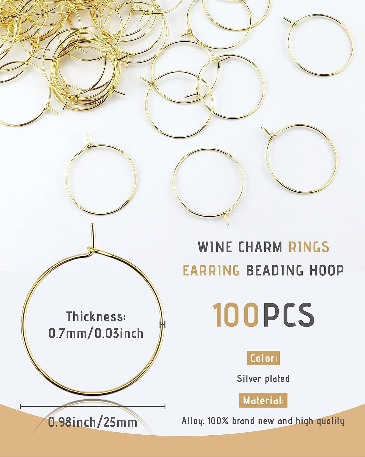 JIALEEY 100PCS Wine Glass Charm Rings 25mm Gold Plated Open Jump Ring Earring Beading Hoop for Jewelry Making Wedding Birthday Party Festival Favor