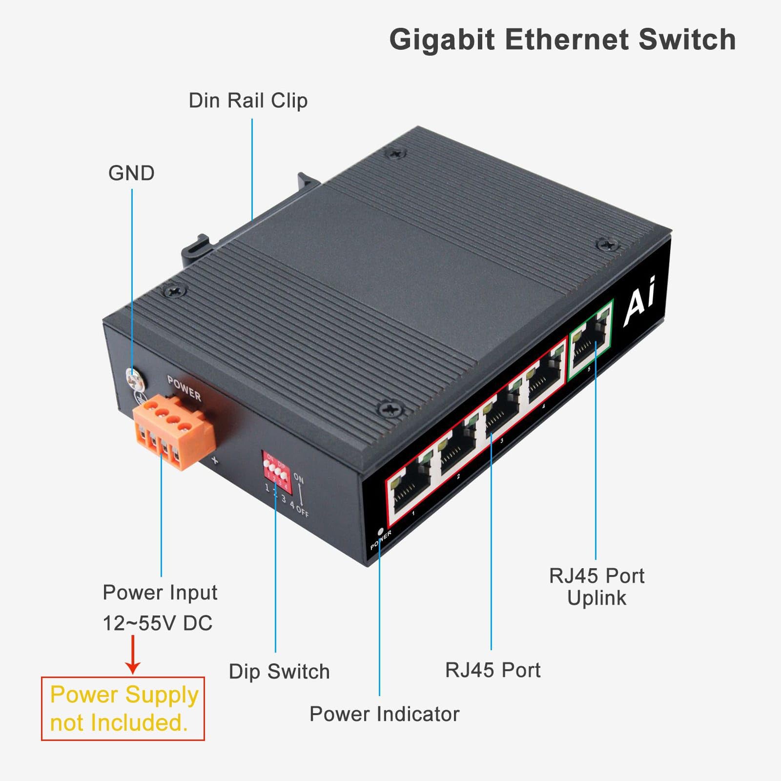 Przemysłowy 5-portowy przełącznik Gigabit Ethernet utwardzony 5-portowy RJ45 10/100/1000Mbps przełącznik sieciowy zewnętrzny przełącznik Ethernet na szynę DIN (-40 do 176ºF) Koncentrator Ethernet do