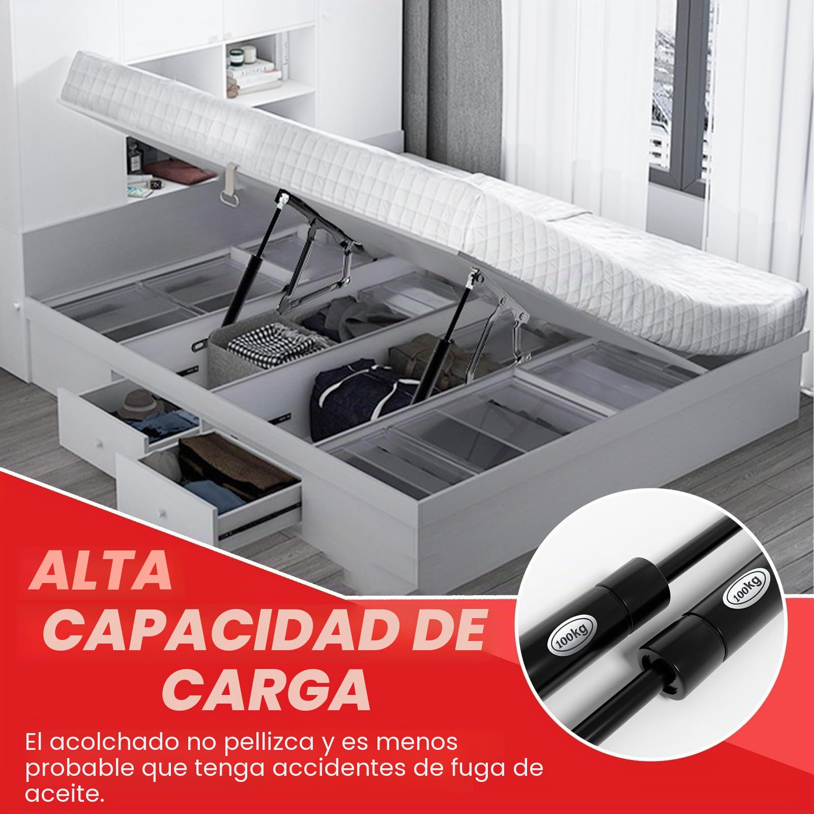 Mecanismo de elevación de cama neumático, 2 unidades, 100 kg, resorte de gas para cajas de cama pesadas, bisagras, bisagras, bisagra plegable para sofá