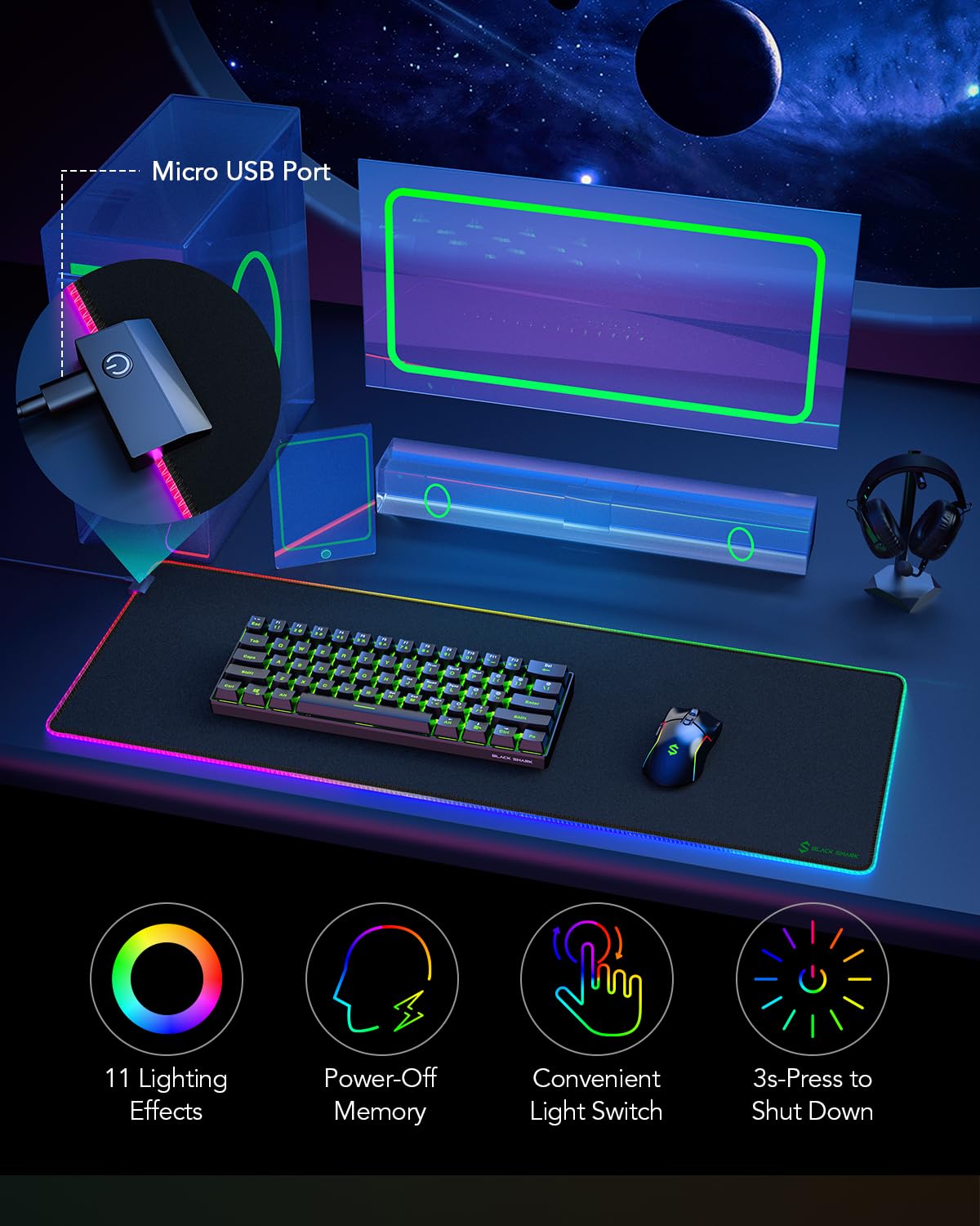 Black Shark Tappetino per mouse RGB 89,9 x 40 x 0,4 cm, esteso con superficie liscia e 11 effetti di luce, tappetino da scrivania con bordi cuciti anti-sfilacciamento e base in gomma antiscivolo