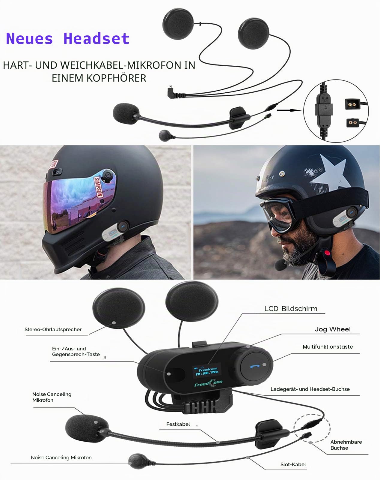 FreedConn Tcom-SC Intercom Motorrad Headset für 2 Personen Musik Teilen, Motorradhelm Kommunikationssystem 800M mit LCD-Bildschirm, Universelles Helm Bluetooth WasserdichtMatching 2-in-1-Mikrofon