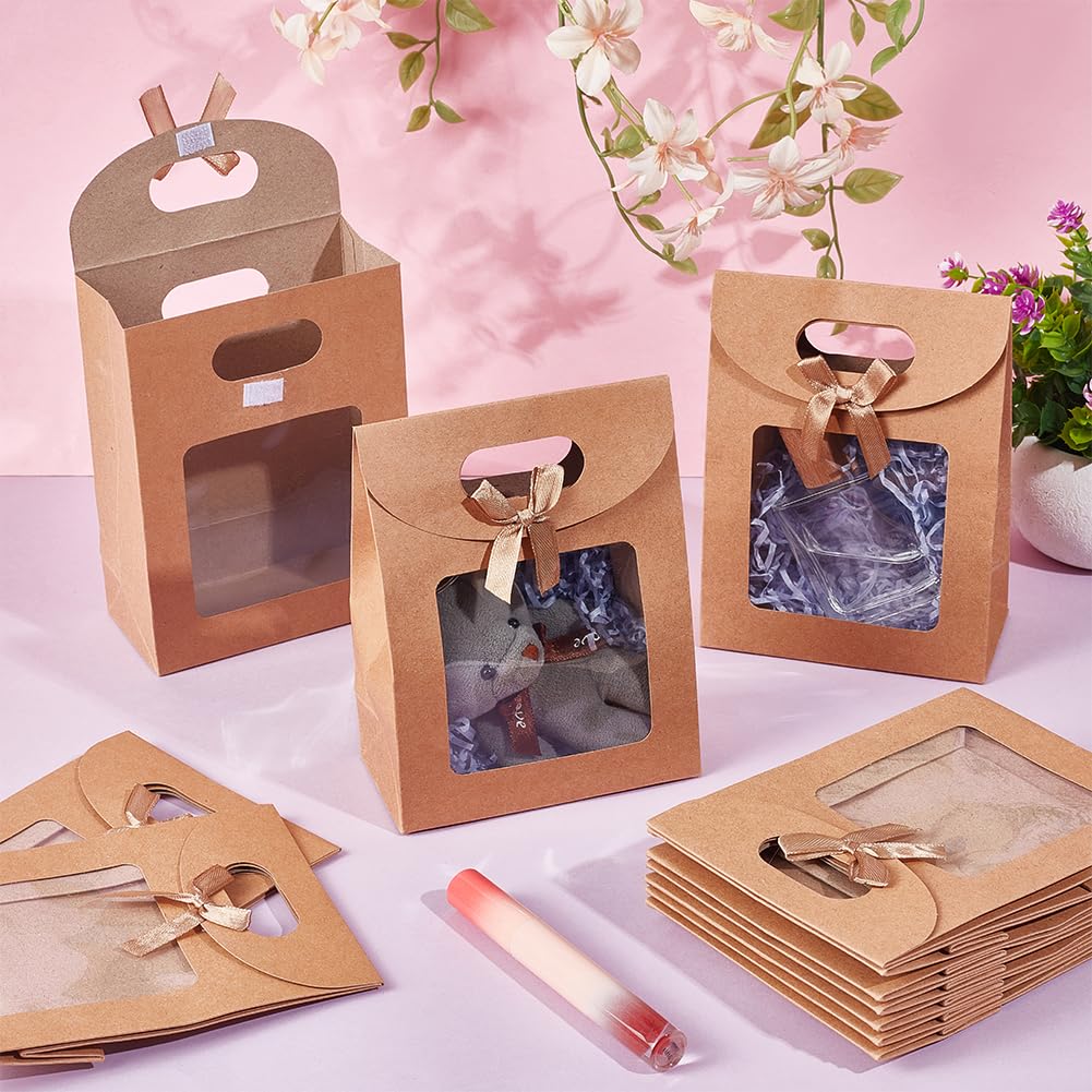 NBEADS 24 Pcs MINI Kraft Paper Bags with Window, 4.7x2.4x6.2 Stand Up MINI Gift Bag With Handles Brown Gift Bag with Clear Window for Candy Cookies Packaging Wedding Christmas Party Store Retail - Image 6