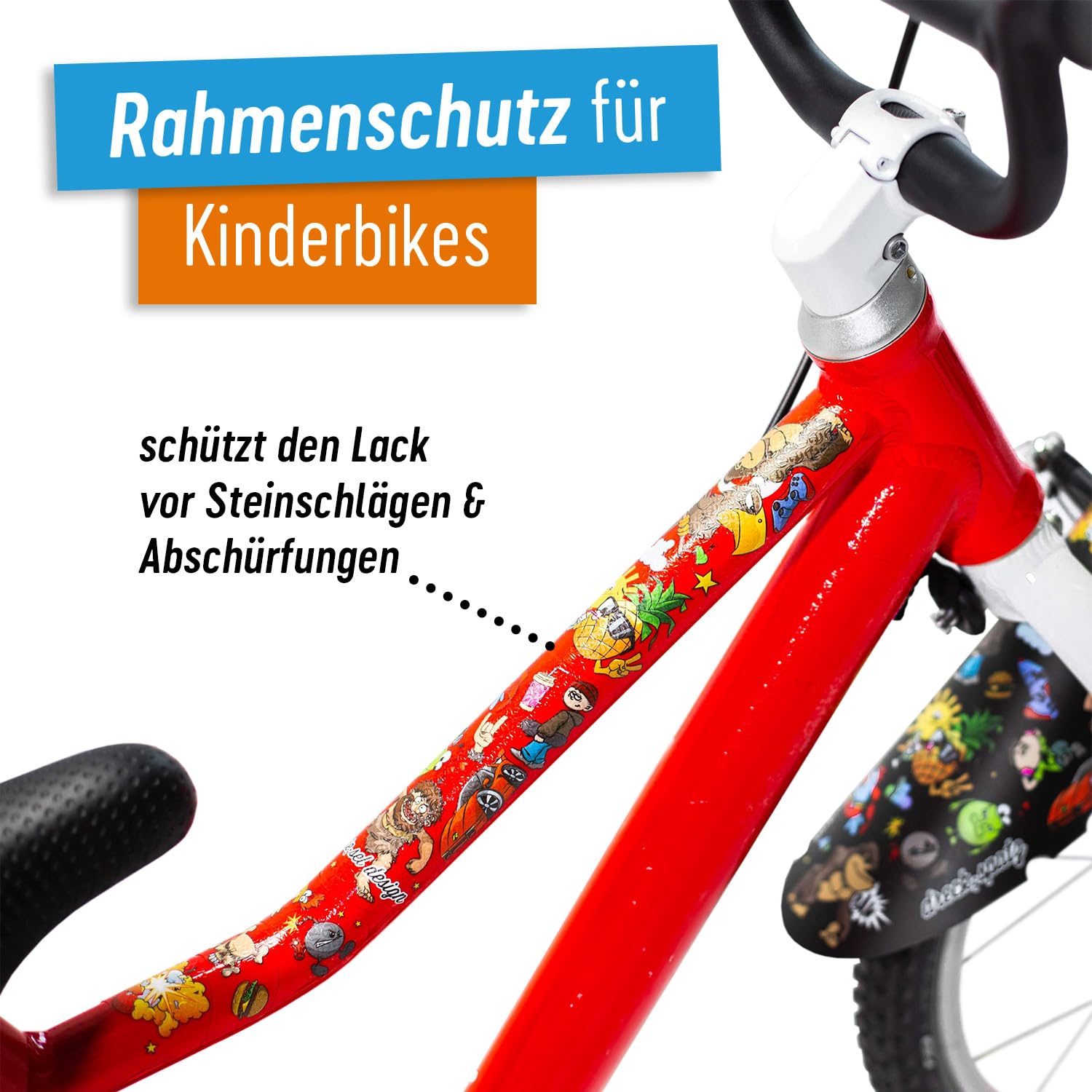 Riesel Design® - Set bestehend aus Schutzblechen für vorn und hinten für Kinderfahrrad und Rahmenschutz Folie - 14-18 Zoll (Kiddo stickerbomb Set)