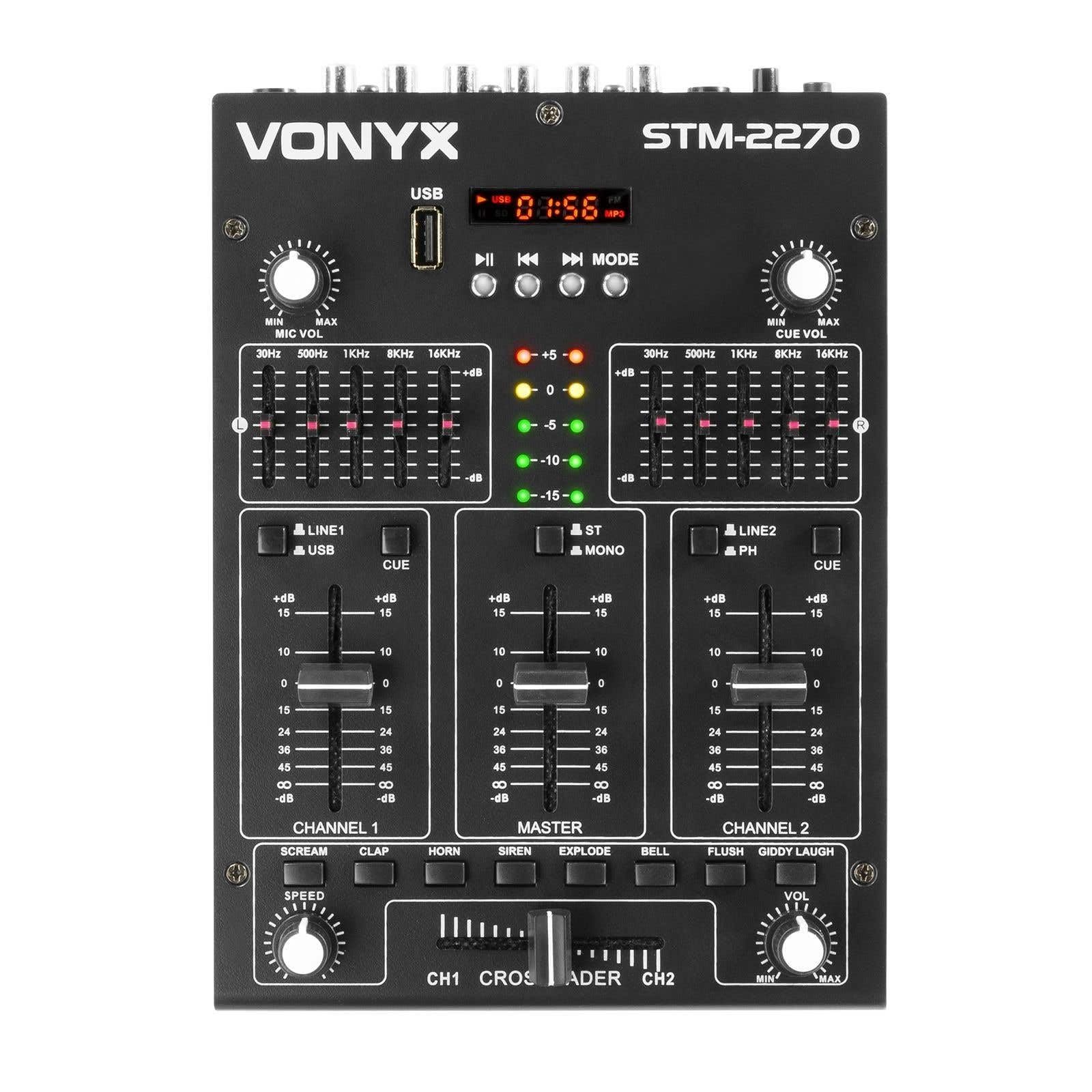 Vonyx STM2270 - Mixer DJ a 2 canali Bluetooth, mixer audio con lettore MP3 USB, controller DJ con effetti, crossfader, collegamento microfono, funzione talker, DJ, musicista, club, bar, gastro