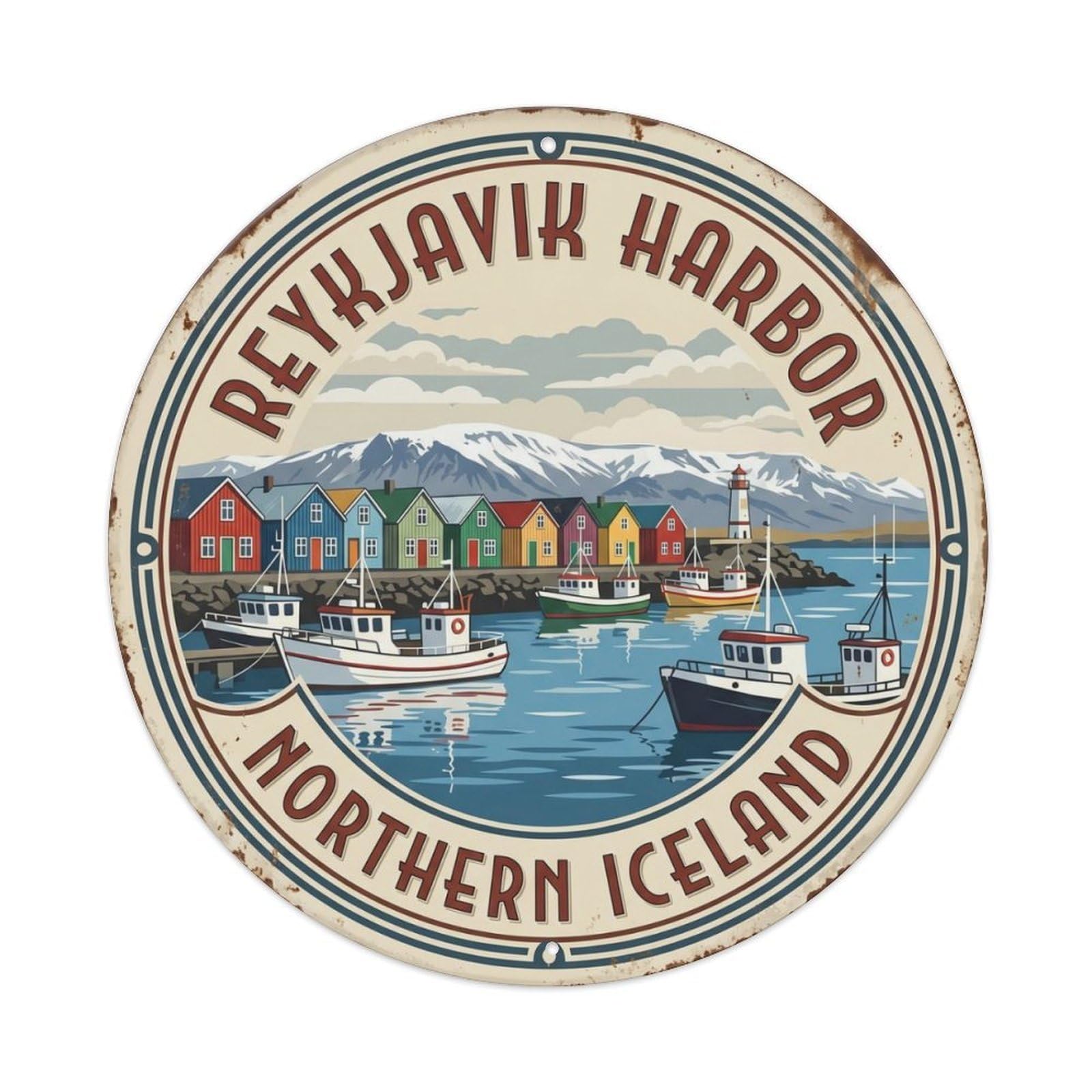 Reykjavik Harbor Northern Iceland Port Metal Tin Sign Plaque Wall Decor for Cafe, Club Bar, Office, Home Garden Round Metal Poster 8x8Inch