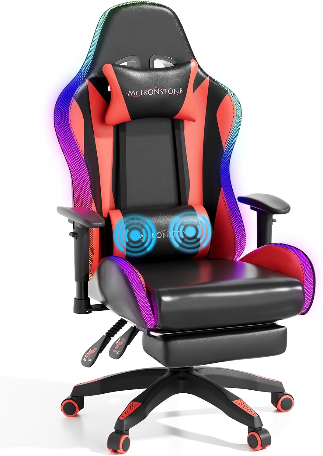 Mr IRONSTONE RGB Gaming Chair with Bluetooth Speakers, Ergonomic Gamer Chair with LED Lights, Vibration Lumbar Support, Footrest and High Back Reclining Design for Adults, Red