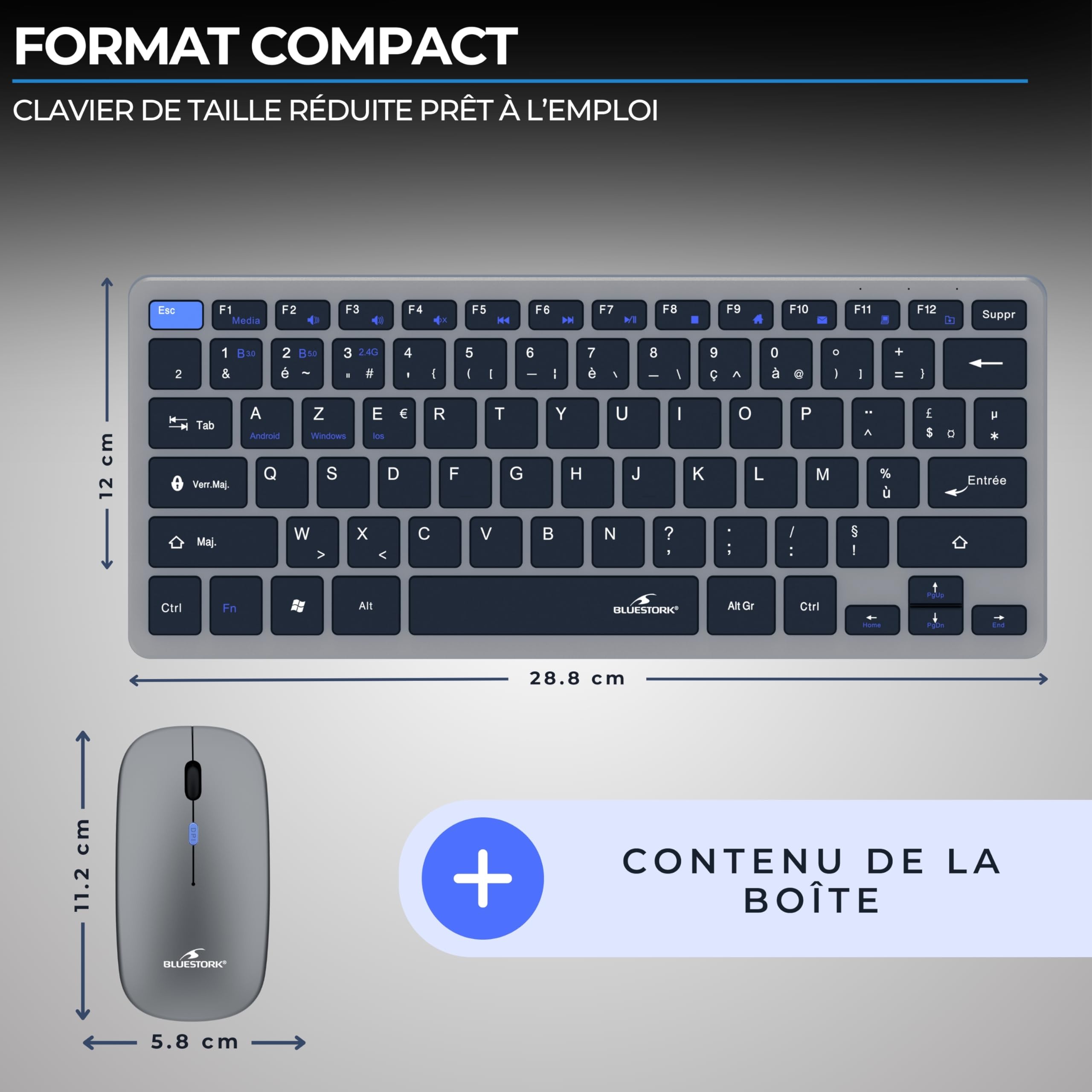 Bluestork Pack Mini V2 - Clavier & Souris sans Fil Rechargeable | AZERTY FR, Sans Fil Double Connexion 2.4GHz & Bluetooth, Clavier Compact + Souris 1600 DPI, 80H Autonomie