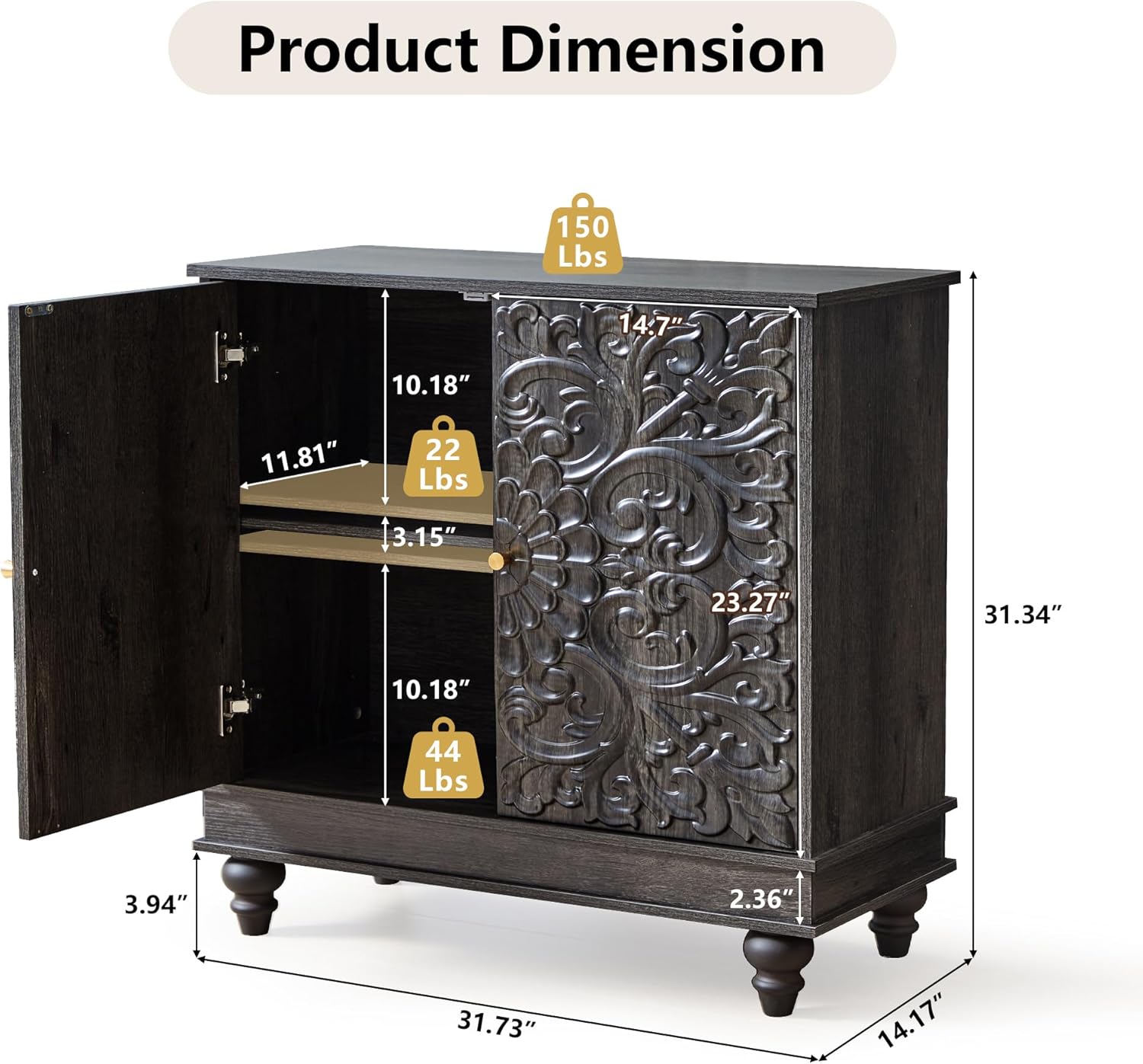 weselon Accent Cabinet with 2 Doors, Classic Carved Storage Sideboard Buffet Cabinet with Adjustable Shelves, Entryway Console Table for Living Room (Antique Black-Brown)