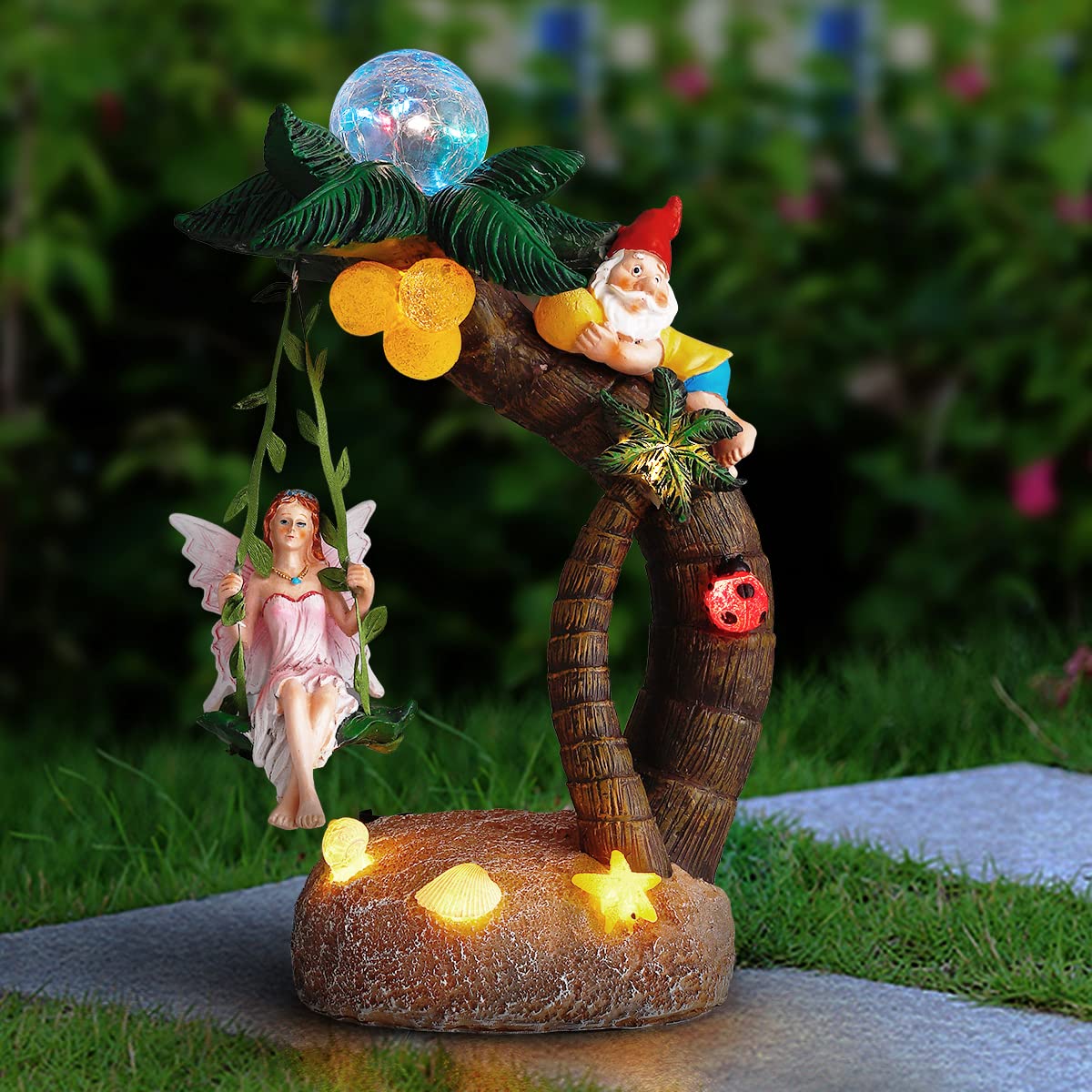 MIBUNG 12 Inch Large Garden Fairy Gnome Decor with Solar Lights, Funny Swing Fairy Angel On Tree Hawaii Beach Tropical Statue Sculpture, Outdoor Patio Yard Lawn Pool Pond Decor,Christmas Ornament Gift
