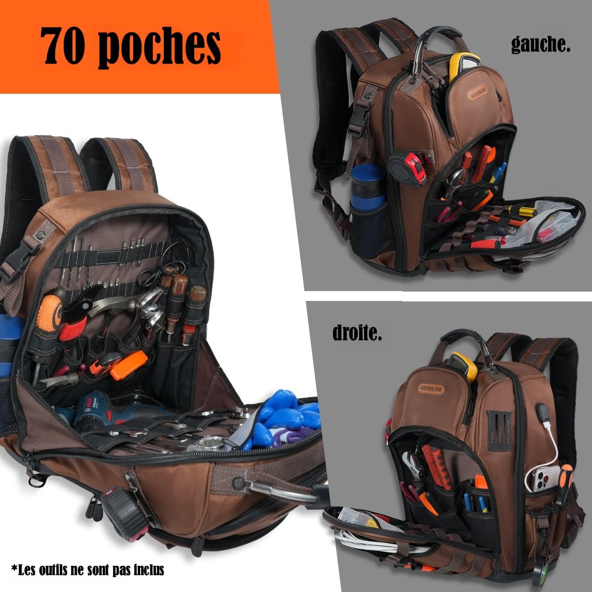 WELKINLAND - Sac à dos HVAC 70 poches, sac à dos robuste pour outils d'électricien, sac à dos à outils à fond rigide pour homme, sacs à dos imperméables pour homme