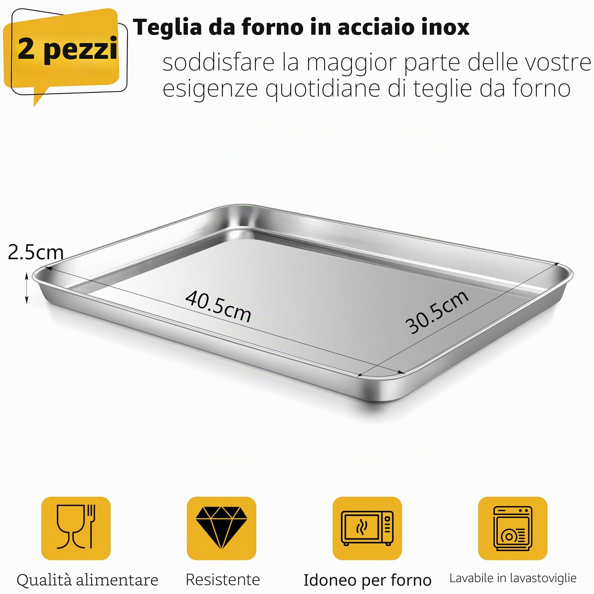 Onader Set di 2 teglie rettangolari in acciaio inox, 40,5 x 30,5 x 2,5 cm