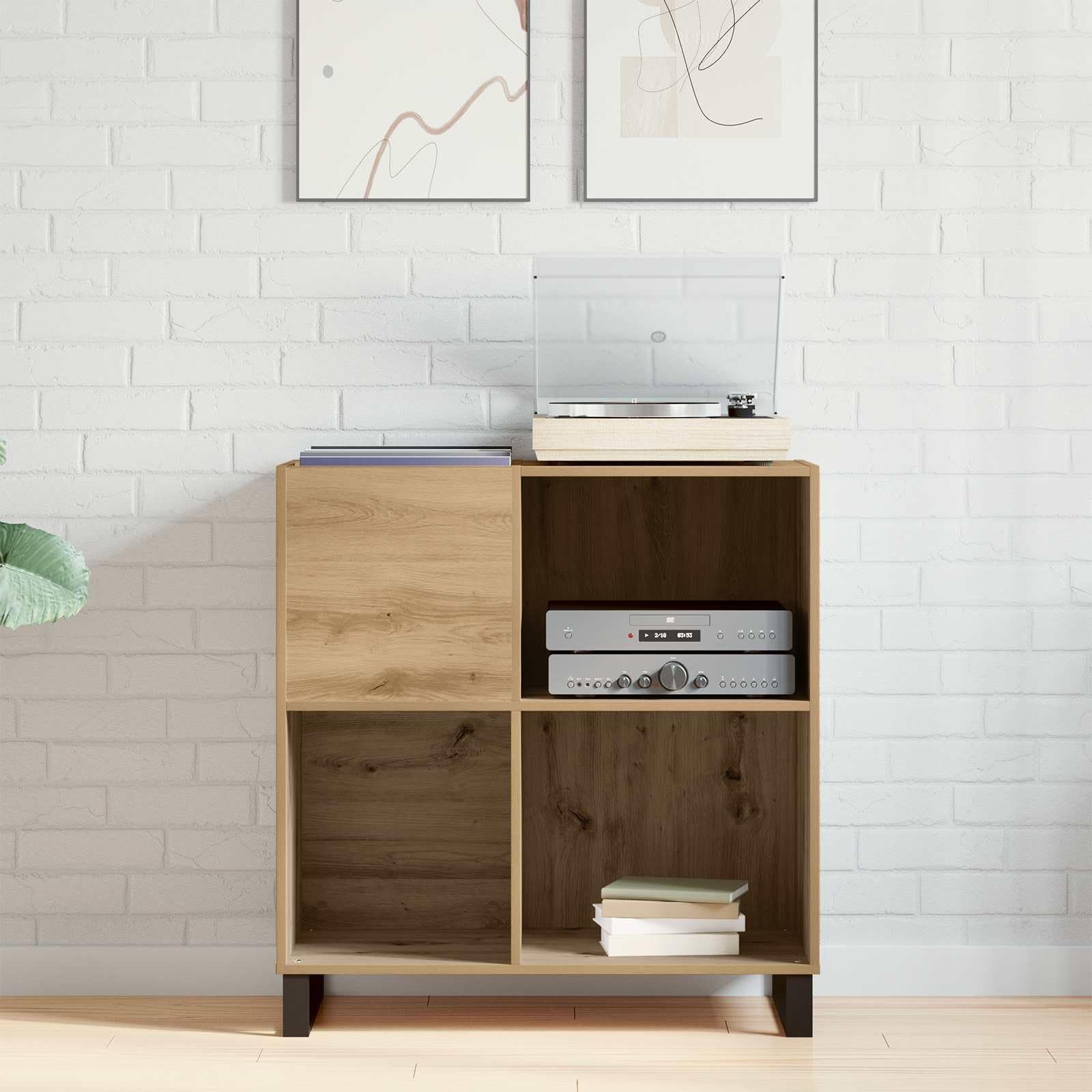 Armario para discos de vinilo con estante de madera de roble Artisan, 84,5 x 38 x 89 cm, espacio de almacenamiento, aparador para discos de vinilo, CD, DVD y accesorios de cine en casa